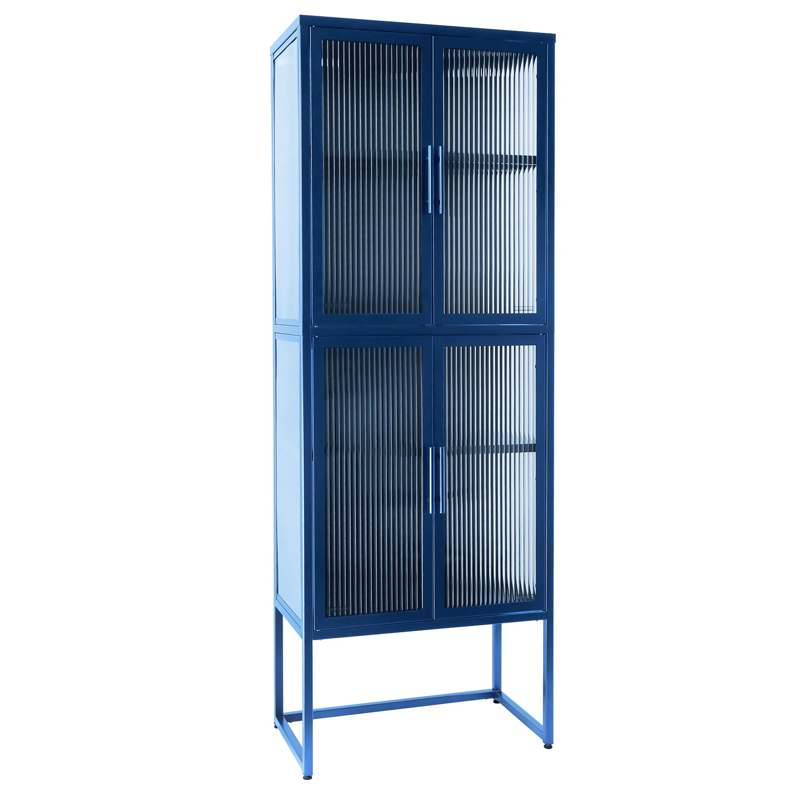 Stylish 4 Door Tempered Glass Cabinet With 4 Glass Doors Adjustable Shelves U Shaped Leg Anti Tip Dust Free Fluted Glass Kitchen Credenza Blue Blue Tempered Glass Sheet Metal Plastic