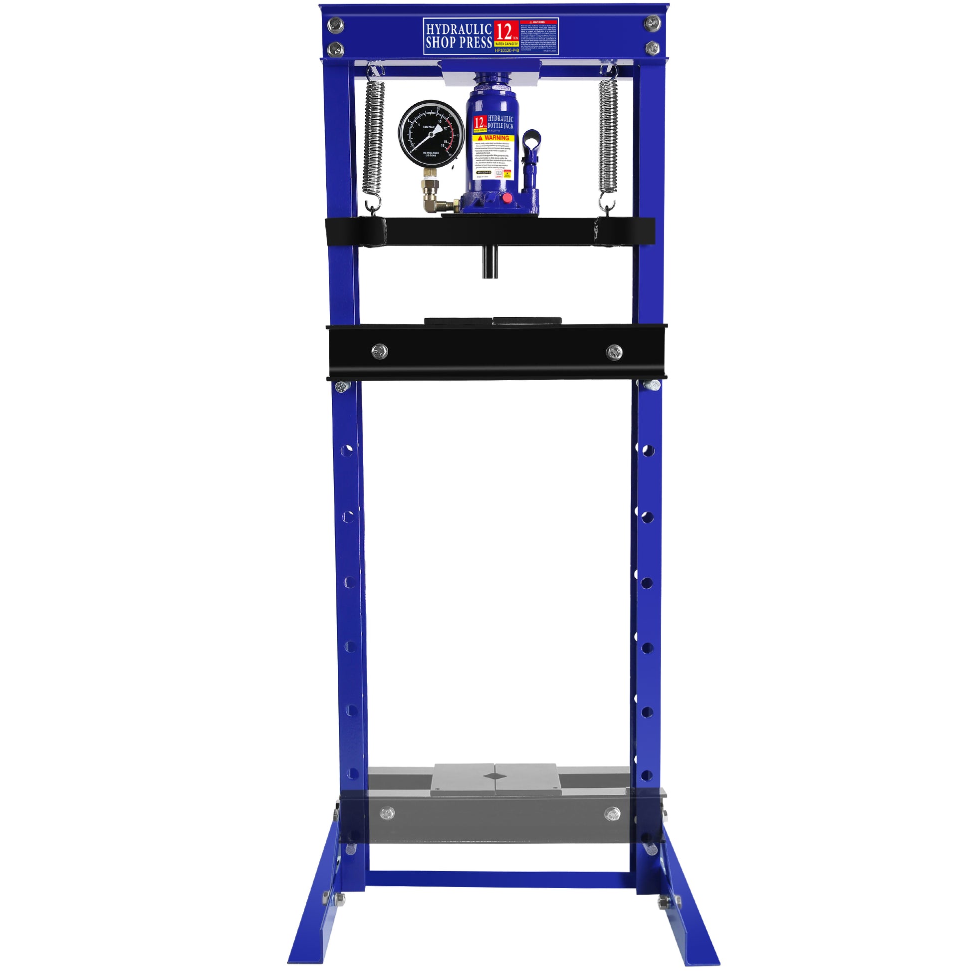 Steel H Frame Hydraulic Shop Press With Stamping Plates To Bend, Straighten, Or Press Parts, With A Pressure Gauge, Install Bearings And U Joints, 12 Ton 24,000 Lb Capacity Blue Steel