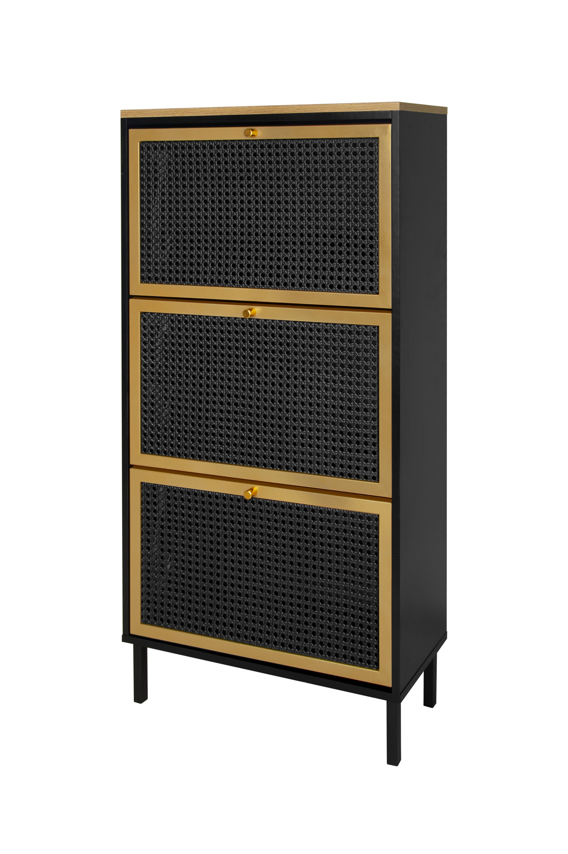 3 Metal Door Shoe Rack, Freestanding Modern Shoe Storage Cabinet, Metal Rattan, For Entryway Black Particle Board