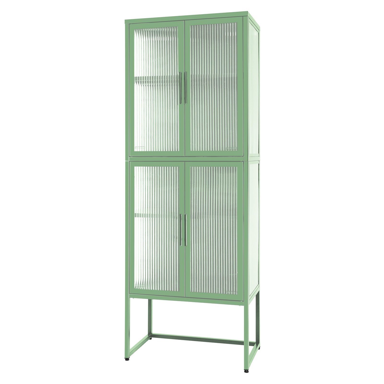 Stylish 4 Door Tempered Glass Cabinet With 4 Glass Doors Adjustable Shelves U Shaped Leg Anti Tip Dust Free Fluted Glass Kitchen Credenza Light Green Mint Green Tempered Glass Sheet Metal Plastic