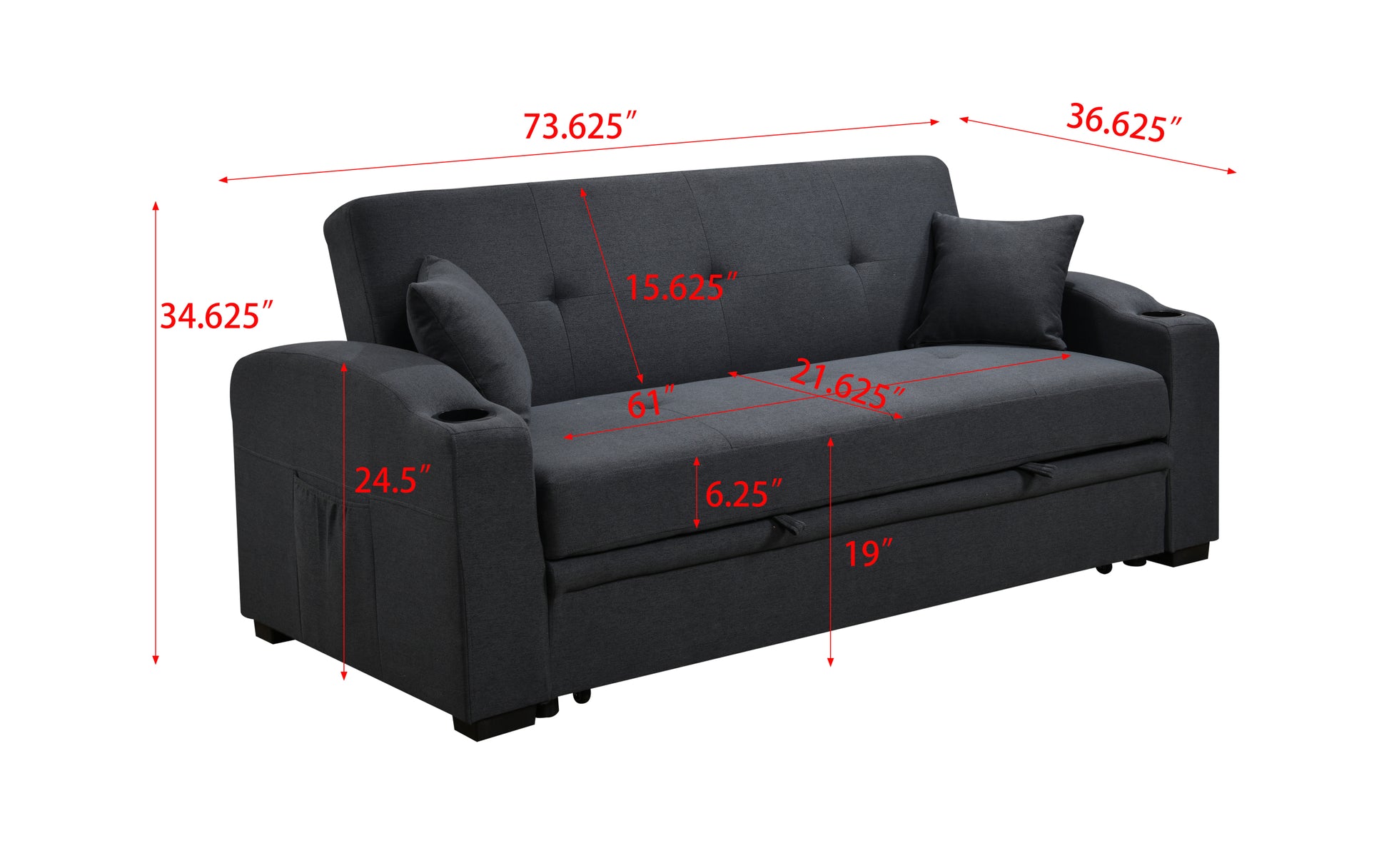 75 Inch 3 In 1 Convertible Modern Sofa With Convenient Pull Out Bed,Reclining Backrest, Cup Holders,Pillows And Pockets, Futon Couches For Living Room Apartment Office,Dark Blue Light Brown Wood Primary Living Space Heavy Duty Eucalyptus 3 Seat Dark Blue