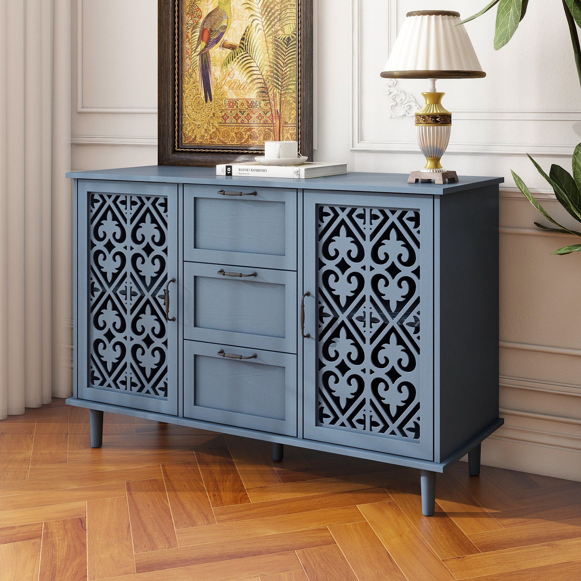 2 Door 3 Drawer Cabinet, American Furniture, Suitable For Bedroom, Living Room, Study Blue Particle Board