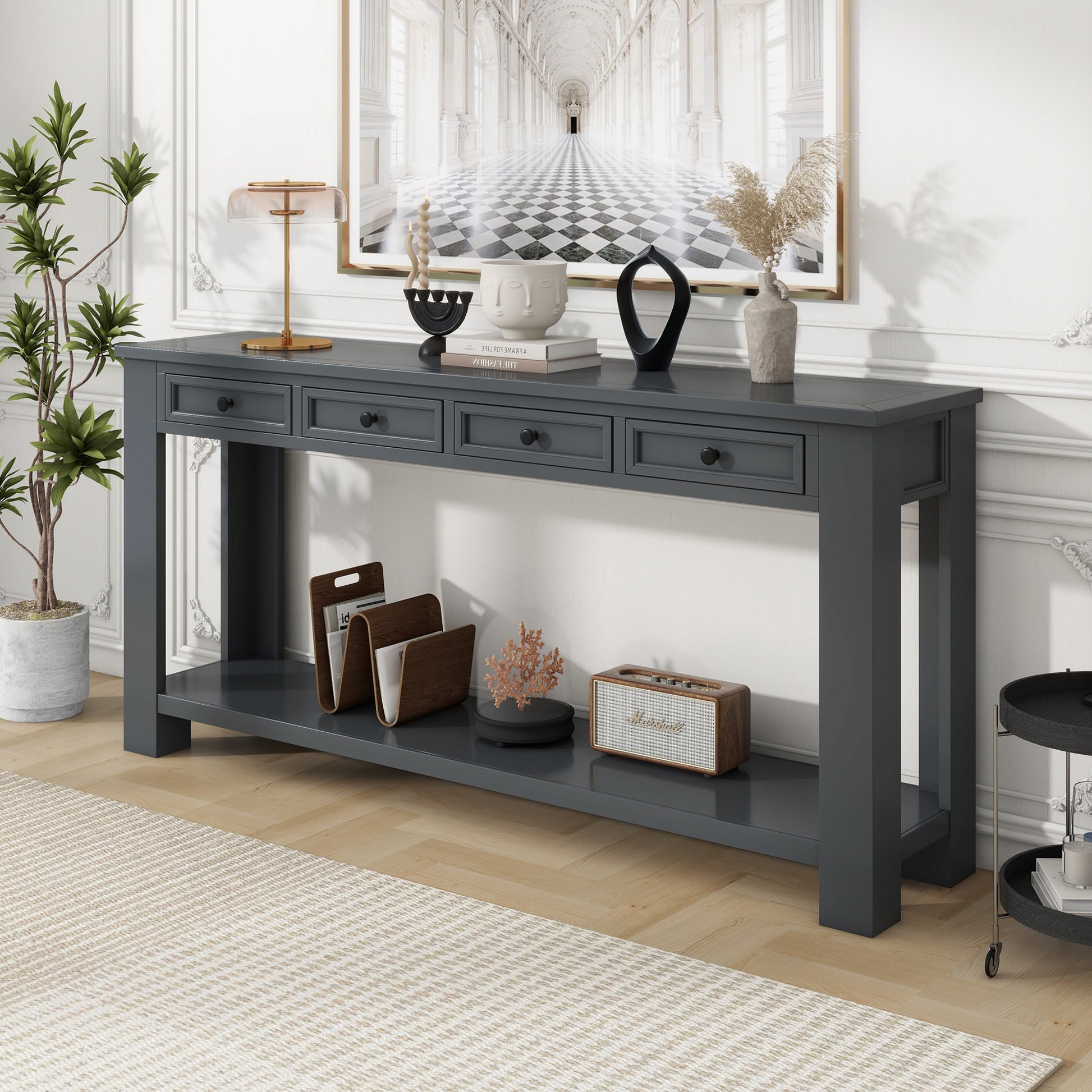 Console Table Sofa Table With Storage Drawers And Bottom Shelf For Entryway Hallway Tan Tan Solid Wood