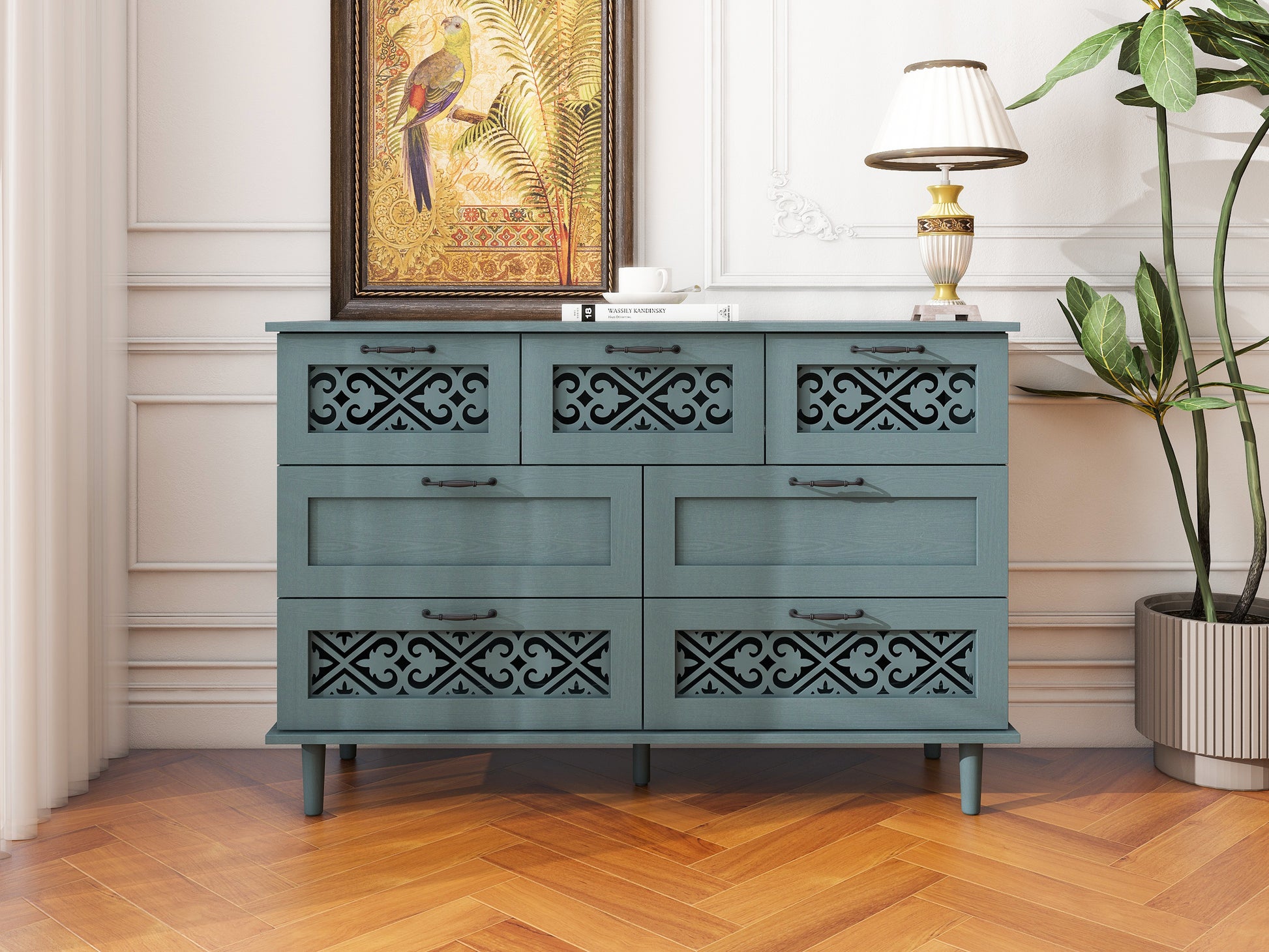 7 Drawer Cabinet, American Furniture, Suitable For Bedroom, Living Room, Study Dark Green Particle Board