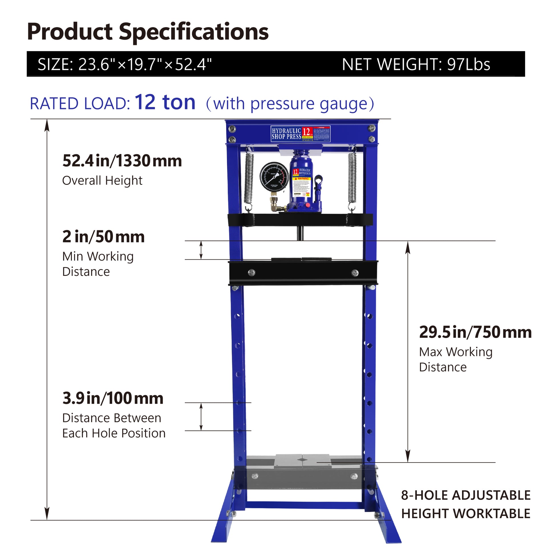 Steel H Frame Hydraulic Shop Press With Stamping Plates To Bend, Straighten, Or Press Parts, With A Pressure Gauge, Install Bearings And U Joints, 12 Ton 24,000 Lb Capacity Blue Steel
