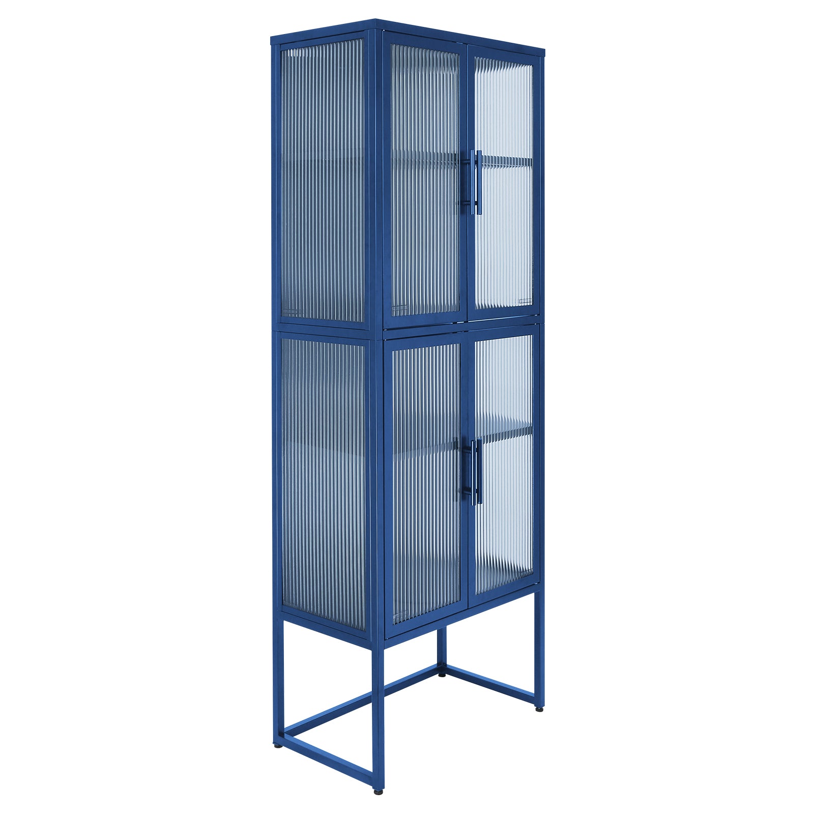 Stylish 4 Door Tempered Glass Cabinet With 4 Glass Doors Adjustable Shelves U Shaped Leg Anti Tip Dust Free Fluted Glass Kitchen Credenza Blue Blue Tempered Glass Sheet Metal Plastic