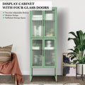 Stylish 4 Door Tempered Glass Cabinet With 4 Glass Doors Adjustable Shelves U Shaped Leg Anti Tip Dust Free Fluted Glass Kitchen Credenza Light Green Mint Green Tempered Glass Sheet Metal Plastic