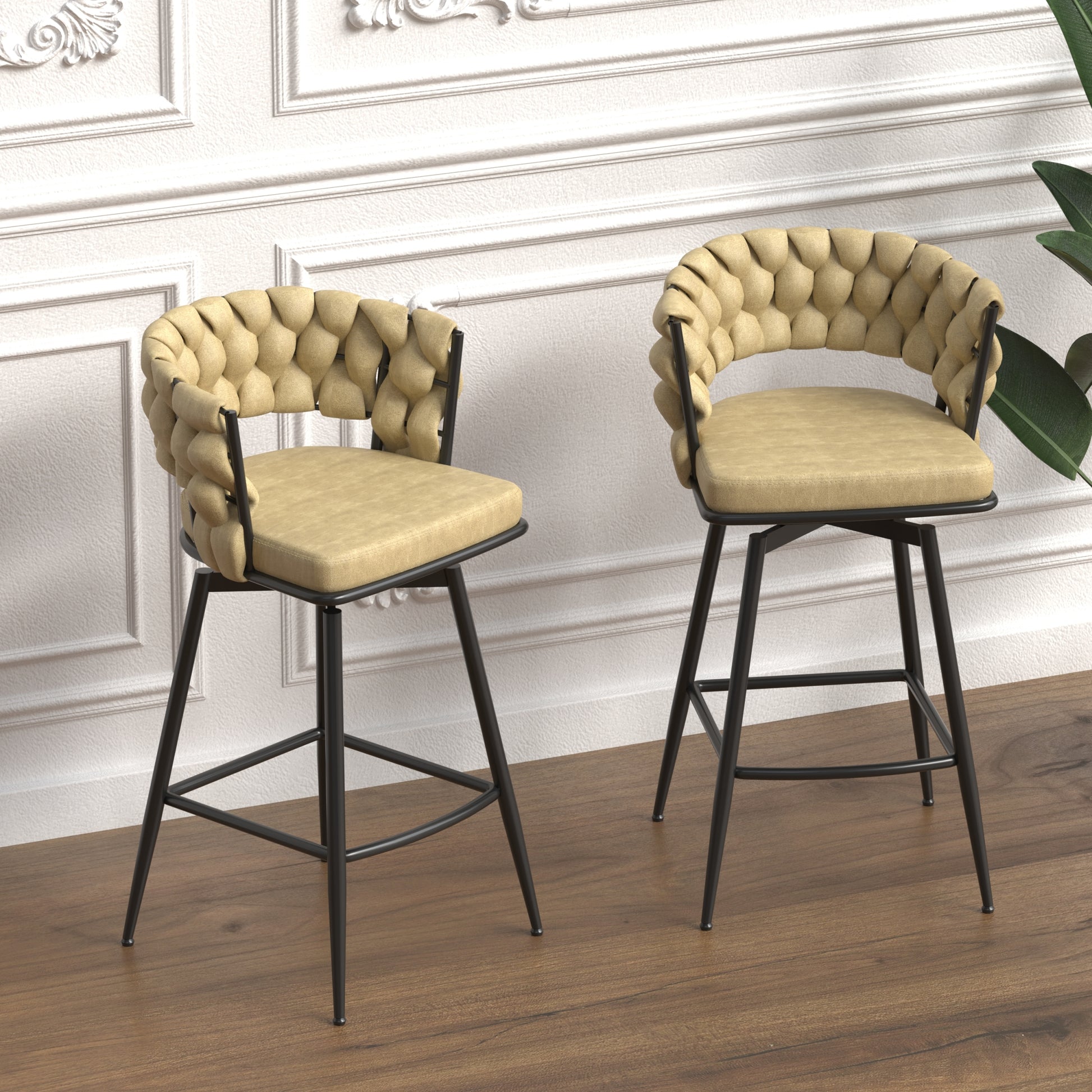 Technical Leather Woven Bar Stool Set Of 2,Black Legs Barstools No Adjustable Kitchen Island Chairs,360 Swivel Bar Stools Upholstered Counter Stool Arm Chairs With Back Footrest, Light Brown Metal Light Brown Kitchen Dining Chairs Foam Technical Leather