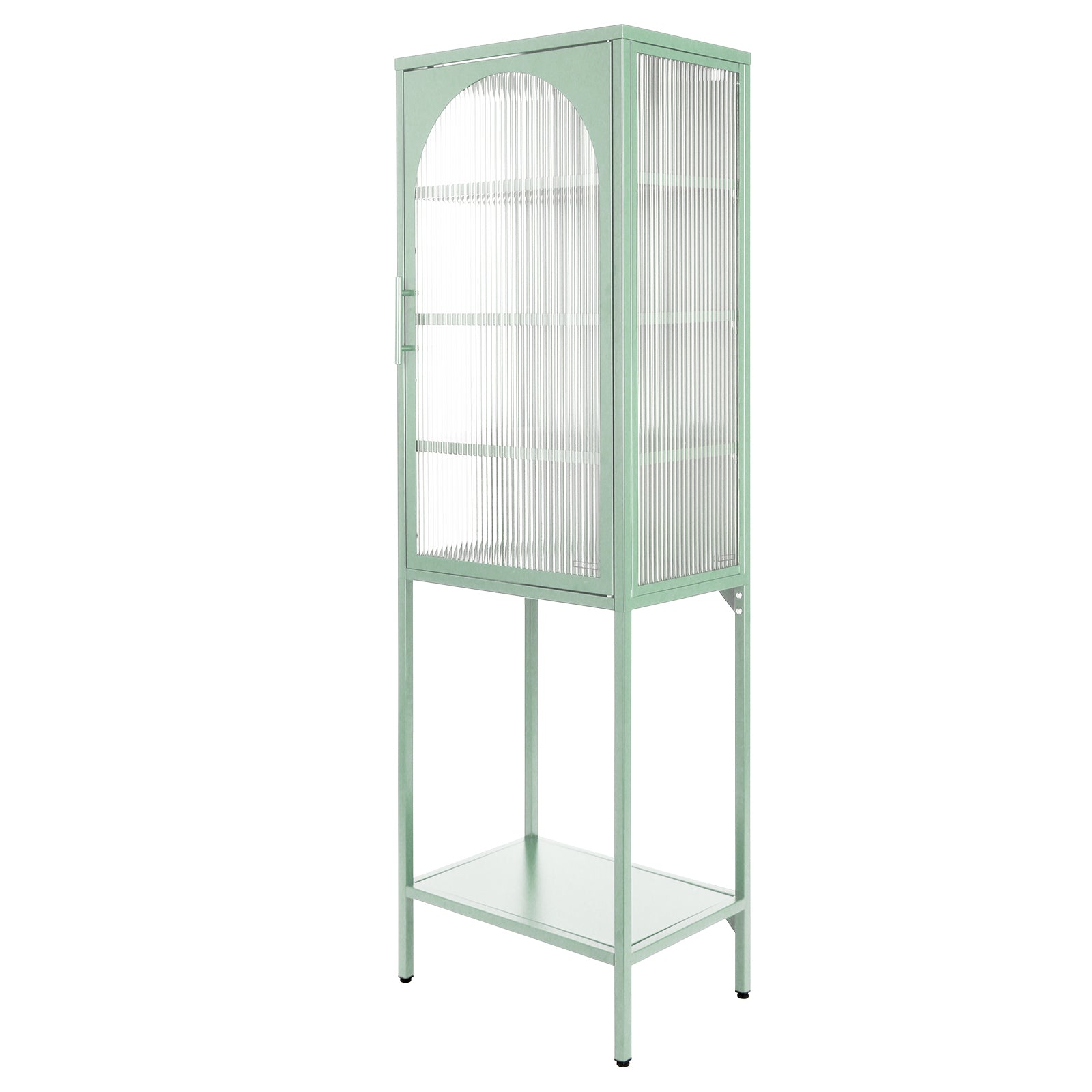 Stylish Tempered Glass High Cabinet With Arched Door Adjustable Shelves And Feet Anti Tip Dust Free Fluted Glass Kitchen Credenza Light Green Mint Green Tempered Glass Sheet Metal Plastic