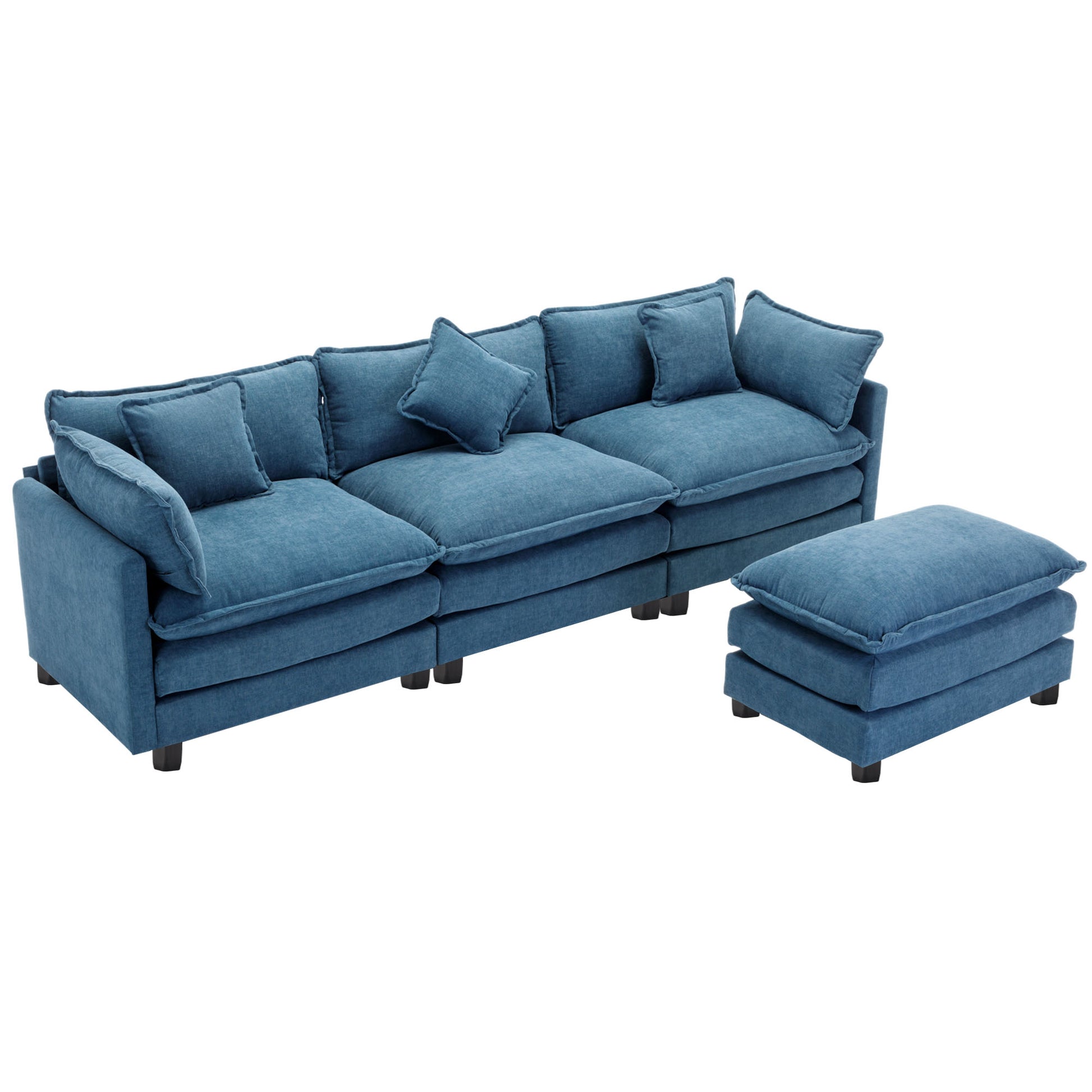 112.2" L Shape Chenille Upholstered Sofa For Living Room Modern Luxury Sofa Couch With Ottoman, 5 Pillows, Blue Blue Foam 4 Seat