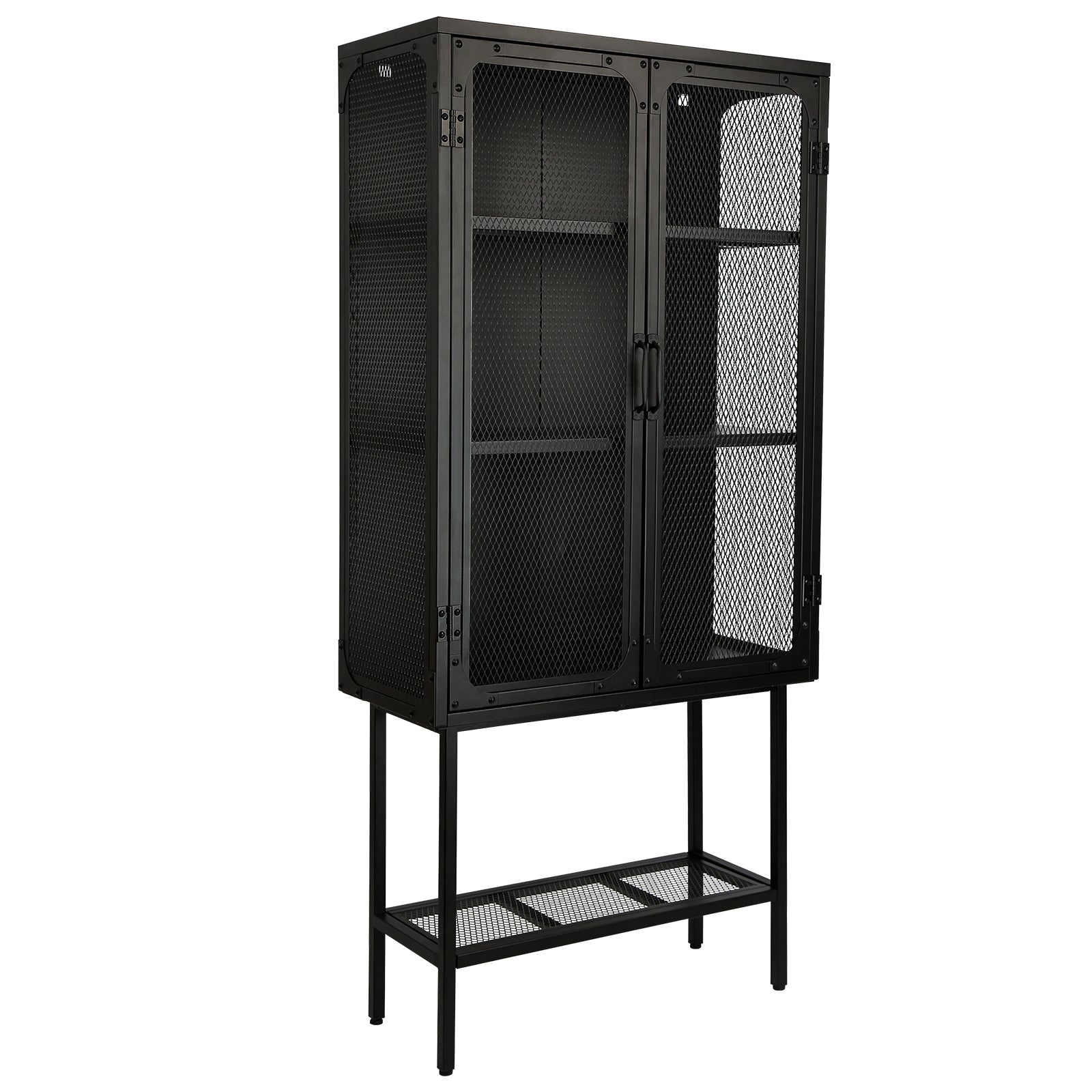 Industrial Cabinet Cupboard With 2 Metal Mesh Doors Adjustable Shelves And Feet Bottom Shelf Anti Tip Dust Free Kitchen Credenza Sideboard Black Black Steel