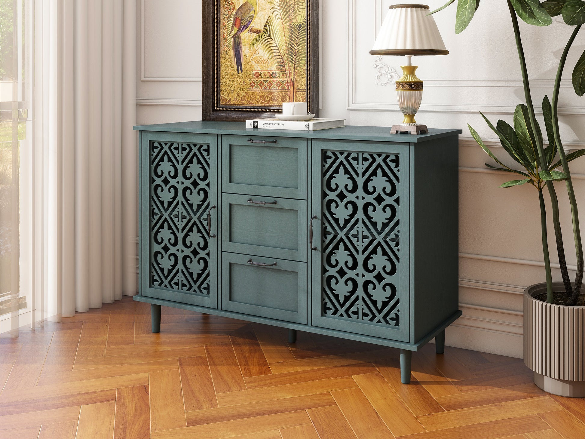 2 Door 3 Drawer Cabinet, American Furniture, Suitable For Bedroom, Living Room, Study Dark Green Particle Board