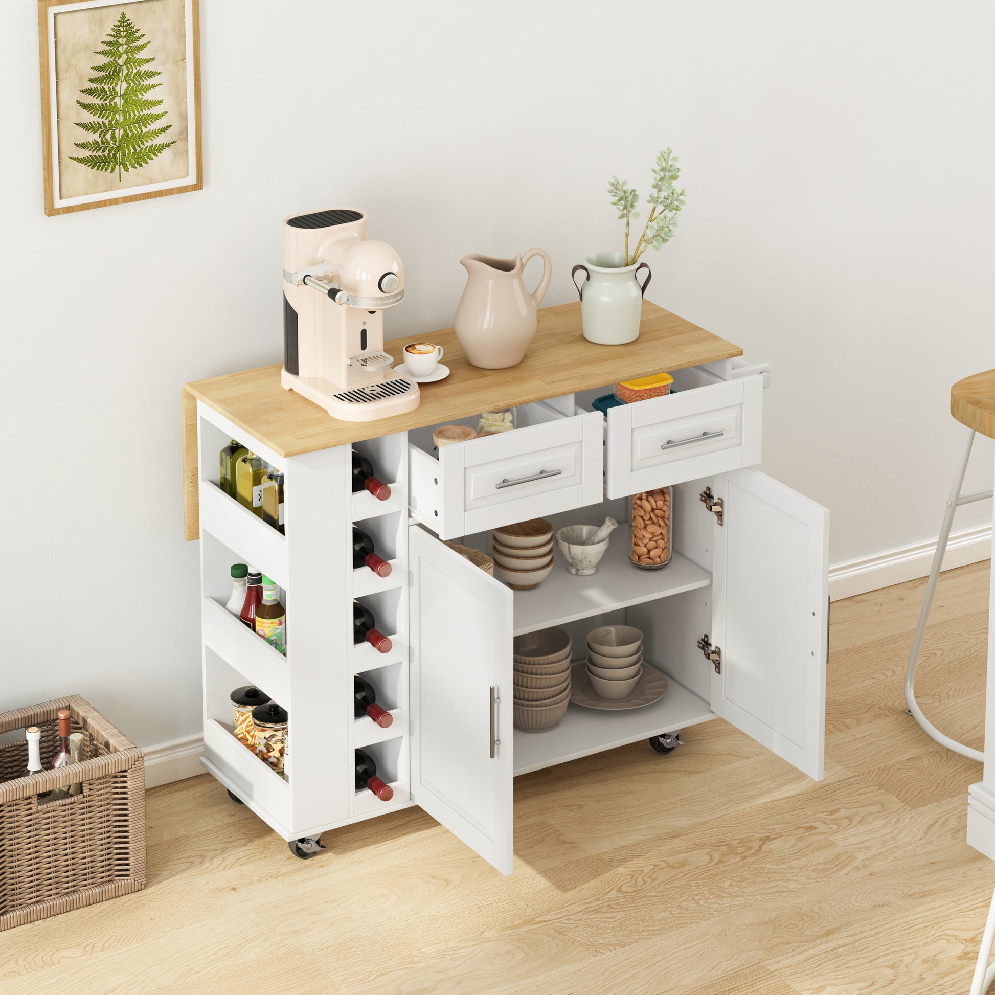 Multi Functional Kitchen Island Cart With 2 Door Cabinet And Two Drawers,Spice Rack, Towel Holder, Wine Rack, And Foldable Rubberwood Table Top White White Mdf