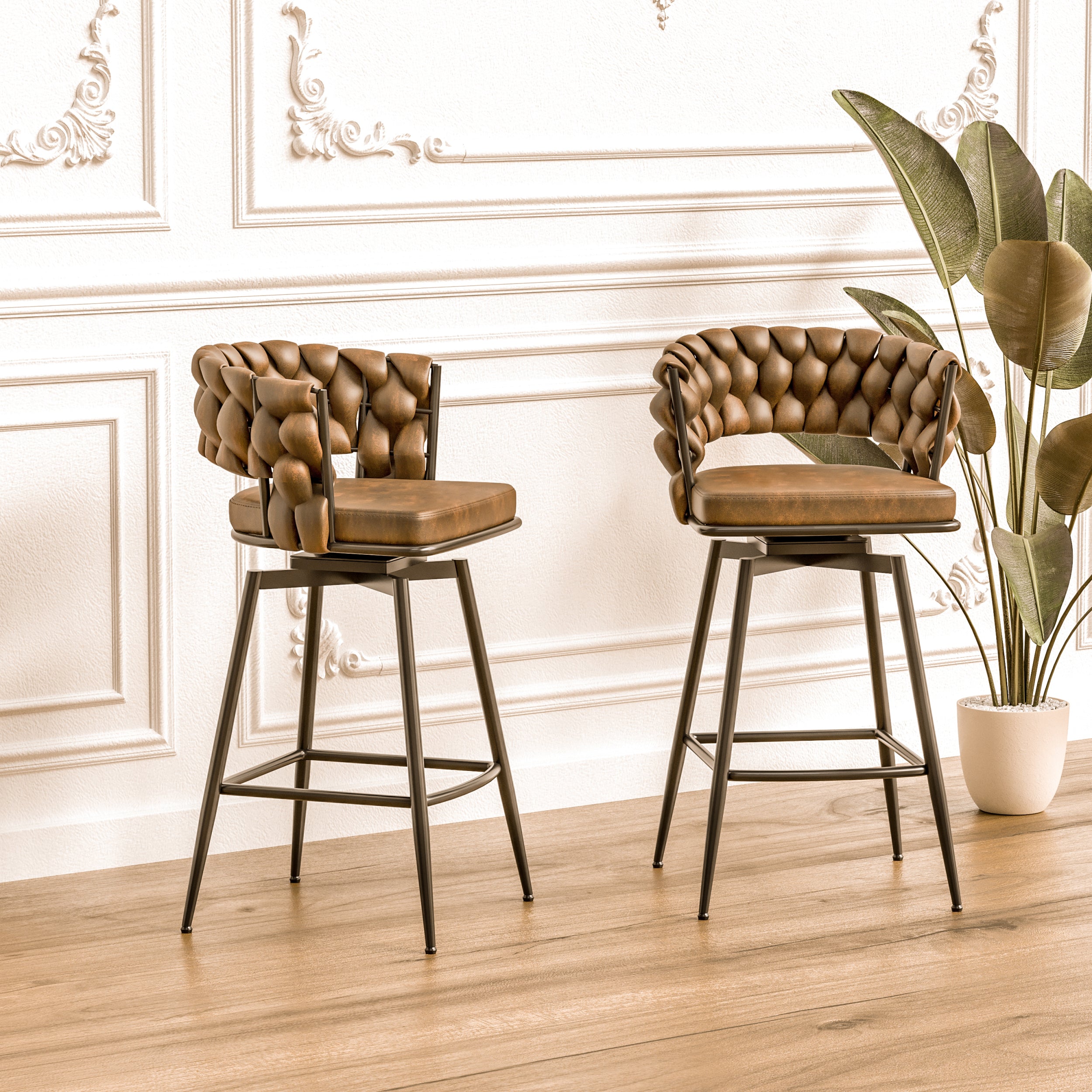 Technical Leather Woven Bar Stool Set Of 4,Black Legs Barstools No Adj