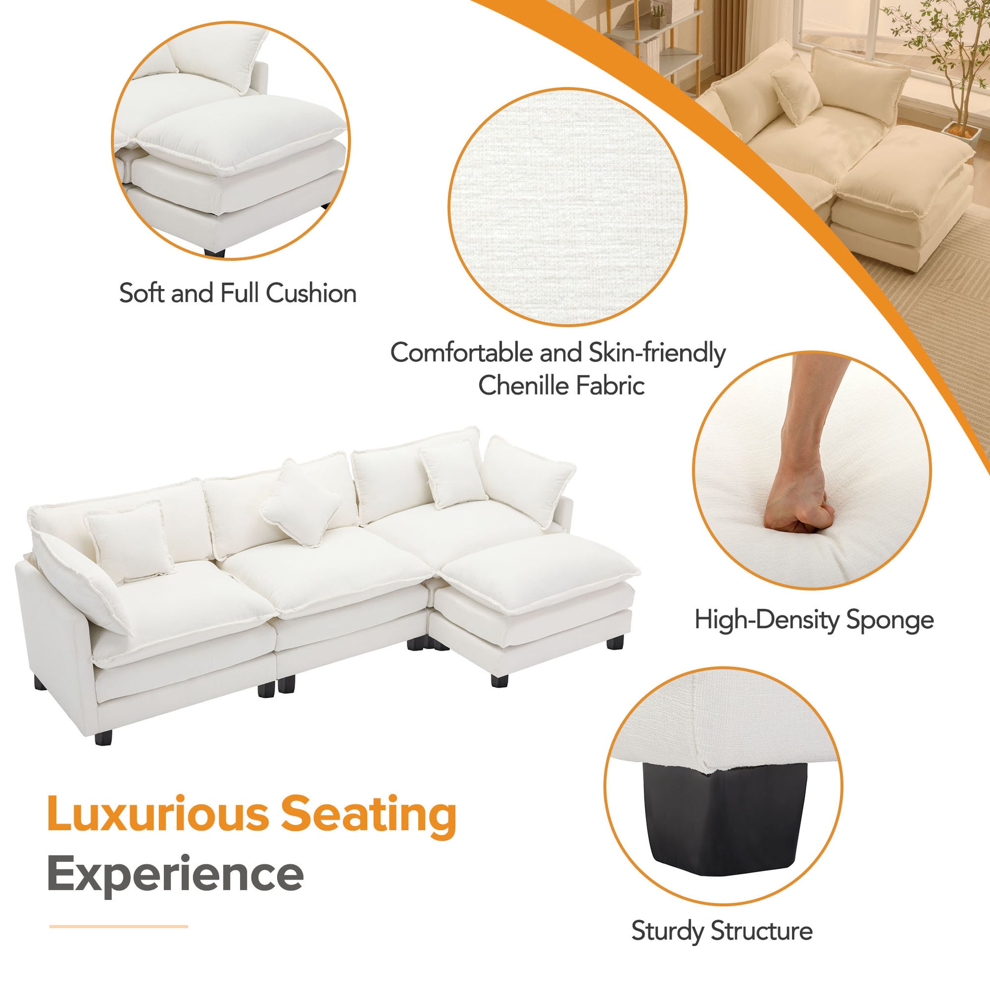 112.2" L Shape Chenille Upholstered Sofa For Living Room Modern Luxury Sofa Couch With Ottoman, 5 Pillows, Beige Beige Foam 4 Seat