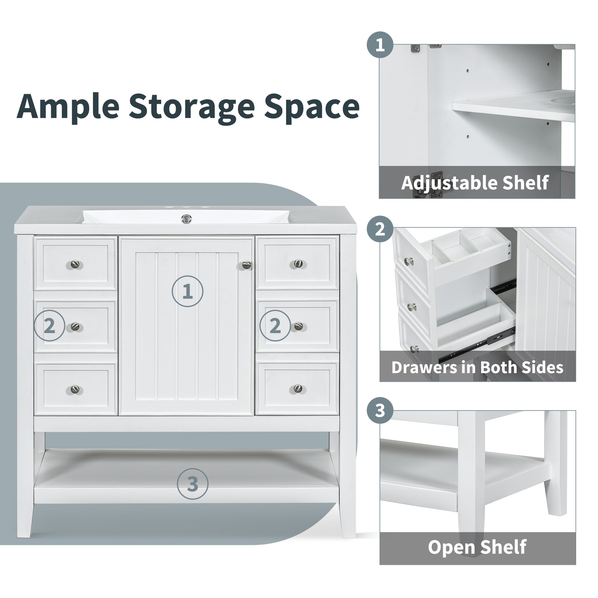 36" Bathroom Vanity With Sink Combo, One Cabinet And Three Drawers, Solid Wood And Mdf Board, White White Solid Wood Mdf