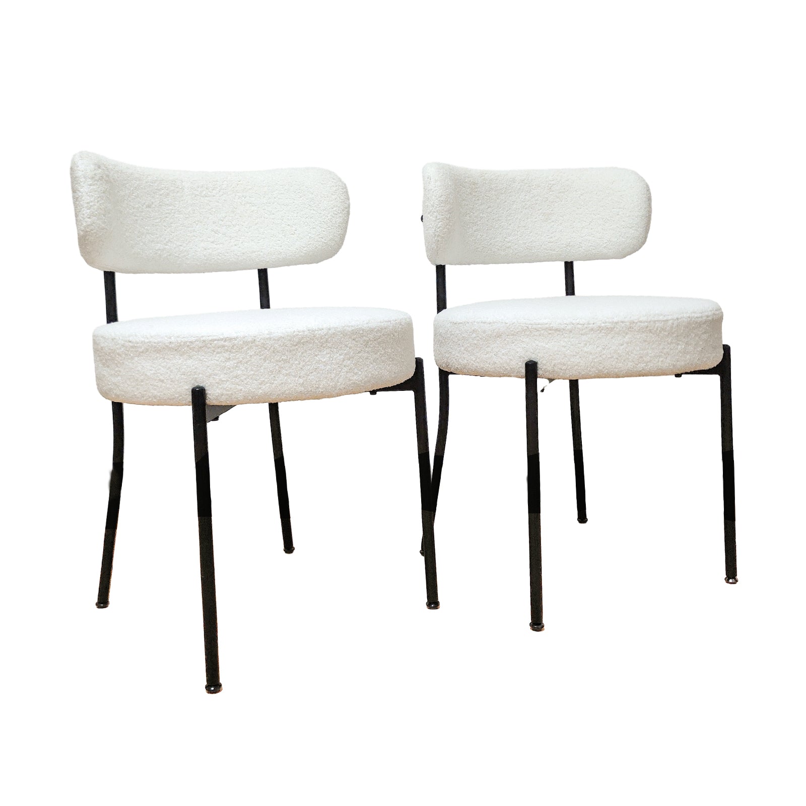 White Dining Chairs Set Of 4, Mid Century Modern Dining Chairs, Kitchen Dining Room Chairs, Curved Backrest Round Upholstered Boucle Dining Chair With Black Metal Legs Metal White Teddy Kitchen Dining Chairs Foam Velvet