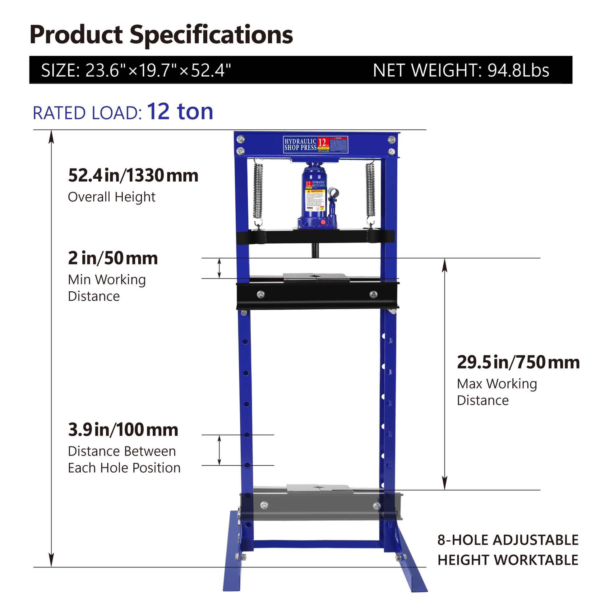 Hydraulic 12 Ton H Frame Garage Floor Adjustable Shop Press With Plates, 12T, Blue Blue Steel