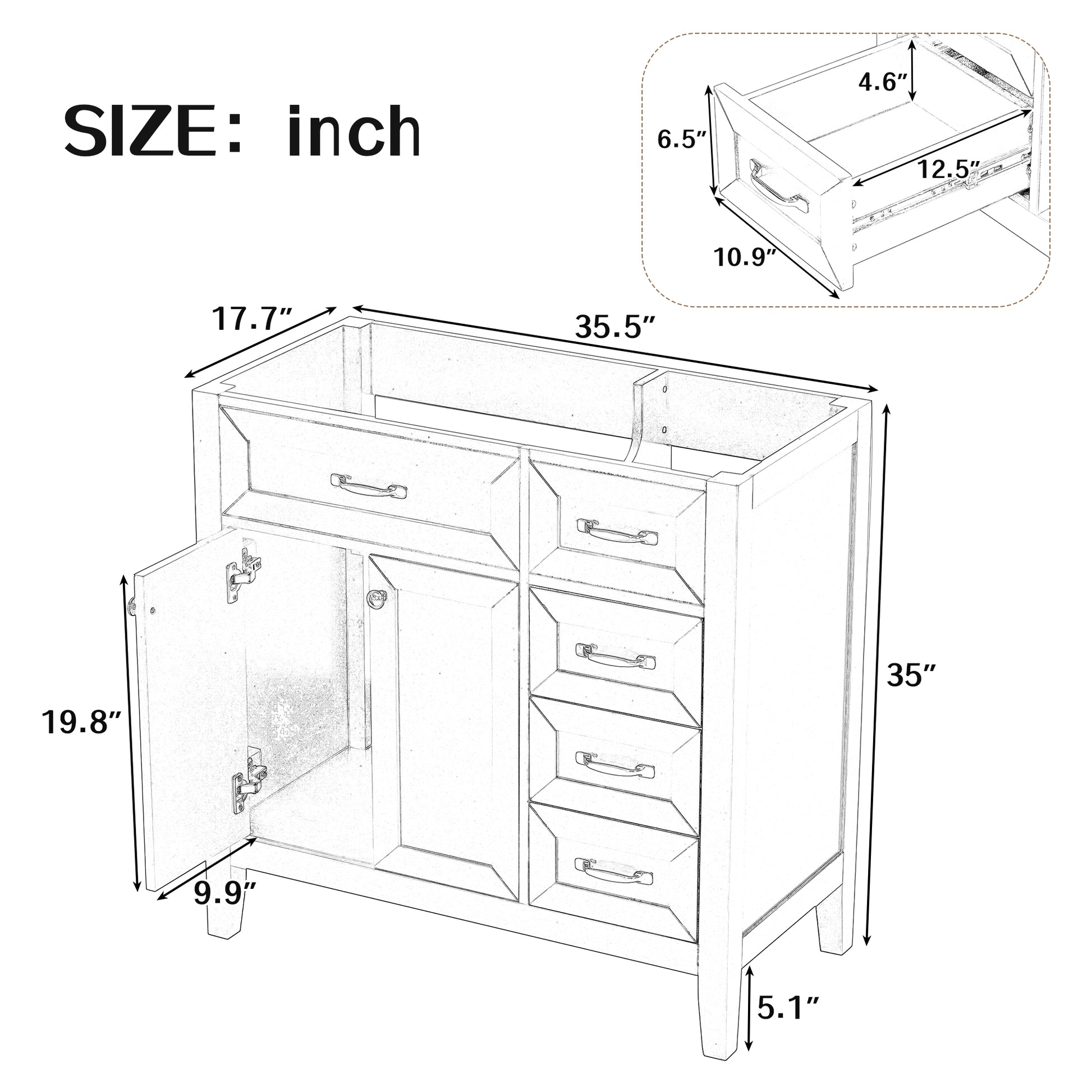 36" Bathroom Vanity Without Sink, Cabinet Base Only, Bathroom Cabinet With Drawers, Solid Frame And Mdf Board, Black Black Solid Wood Mdf