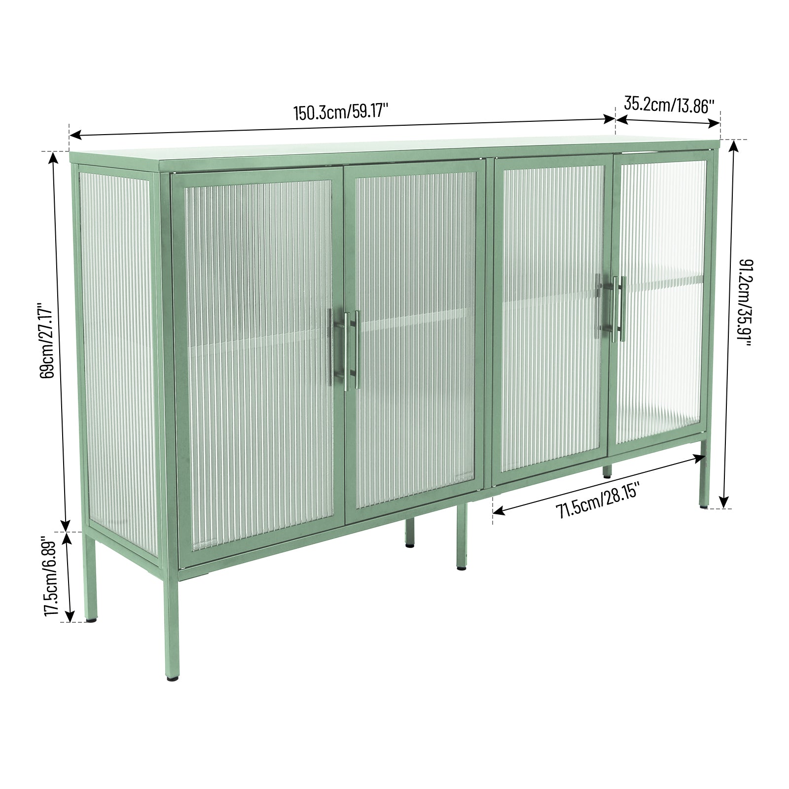 Stylish 4 Door Tempered Glass Cabinet With 4 Glass Doors Adjustable Shelf And Feet Anti Tip Dust Free Fluted Glass Kitchen Credenza Light Green Mint Green Tempered Glass Sheet Metal Plastic