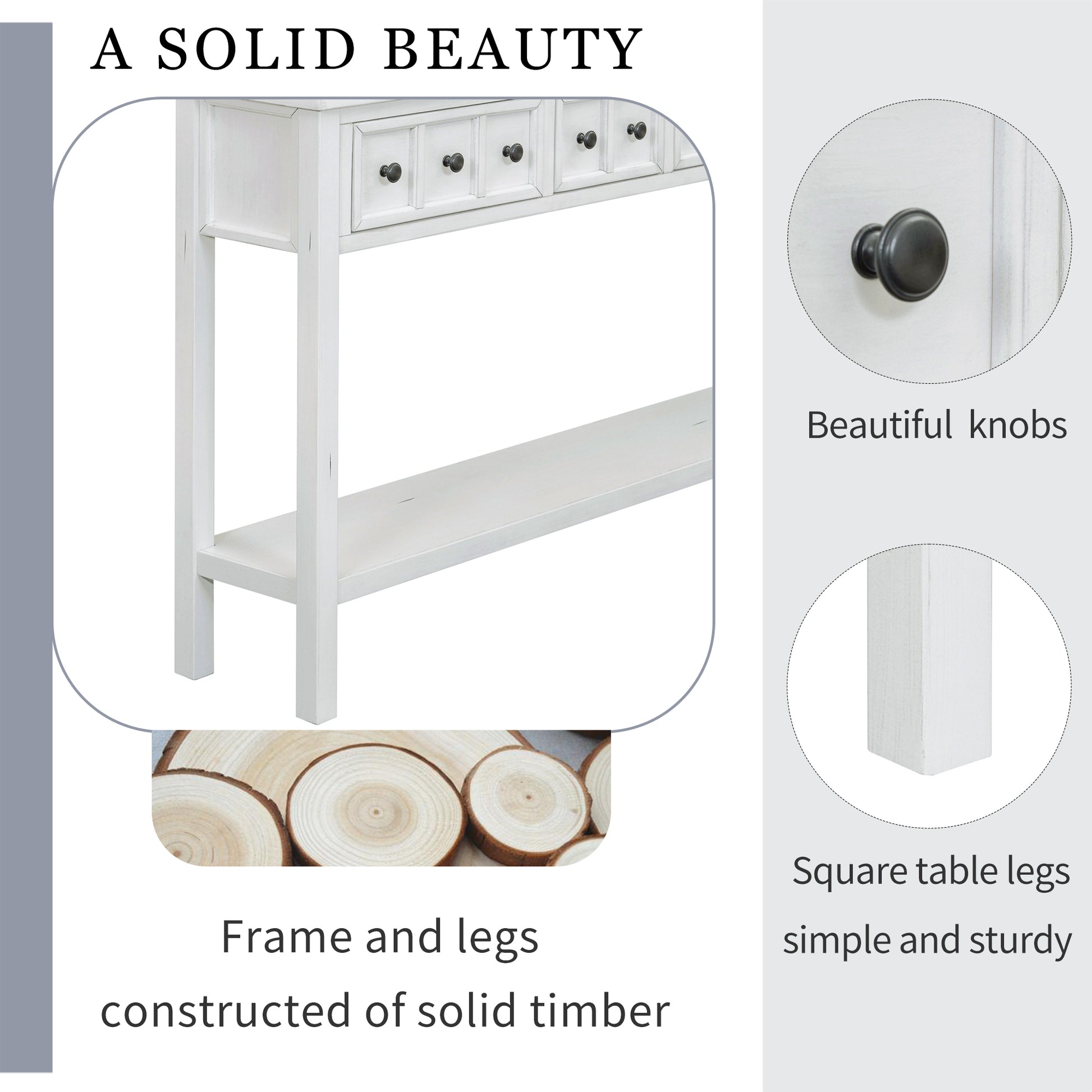 Rustic Entryway Console Table, 60" Long Sofa Table With Two Different Size Drawers And Bottom Shelf For Storage Antique White Antique White Solid Wood