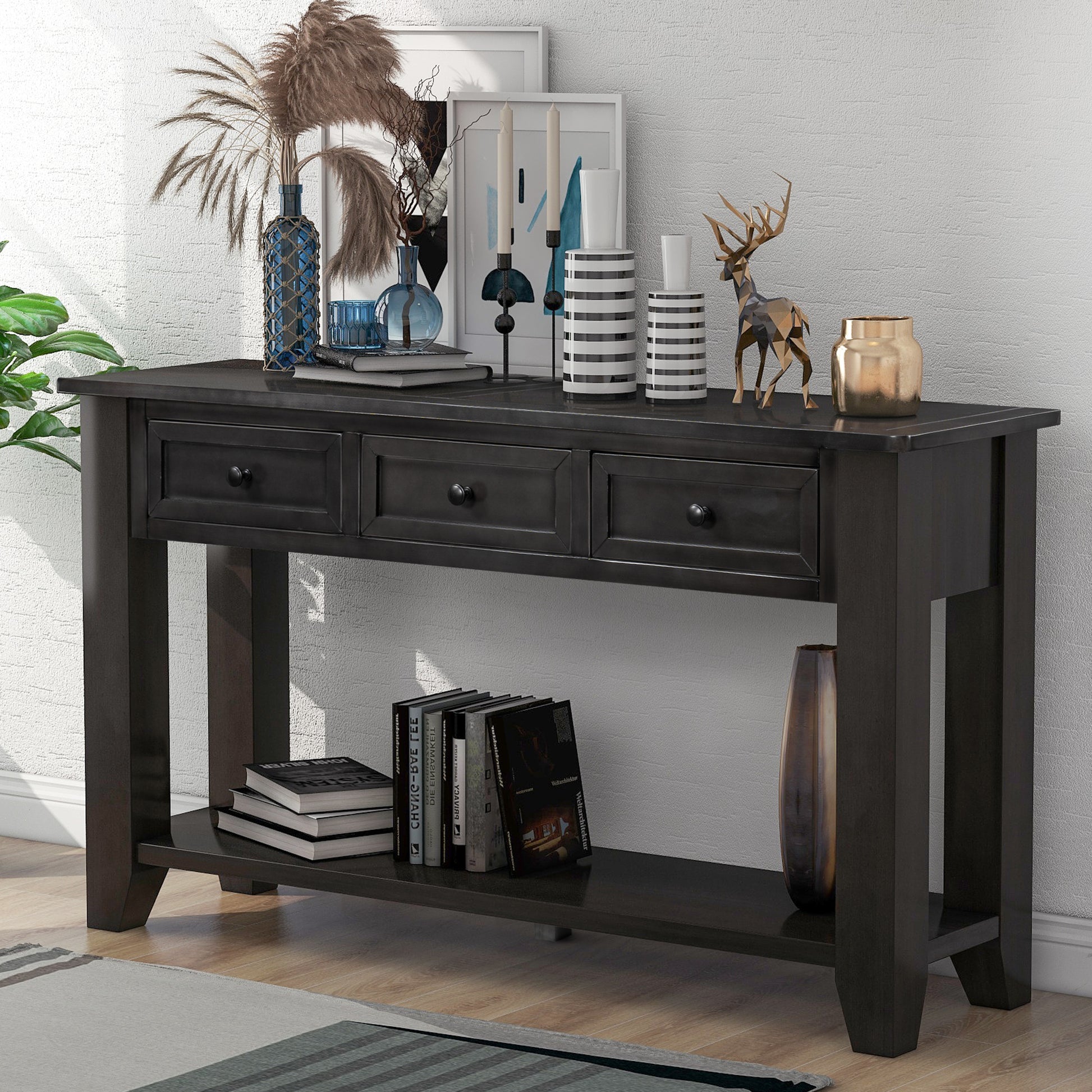 55'' Modern Console Table Sofa Table For Living Room With 3 Drawers And 1 Shelf As Same As Wf299185Aab Black Solid Wood