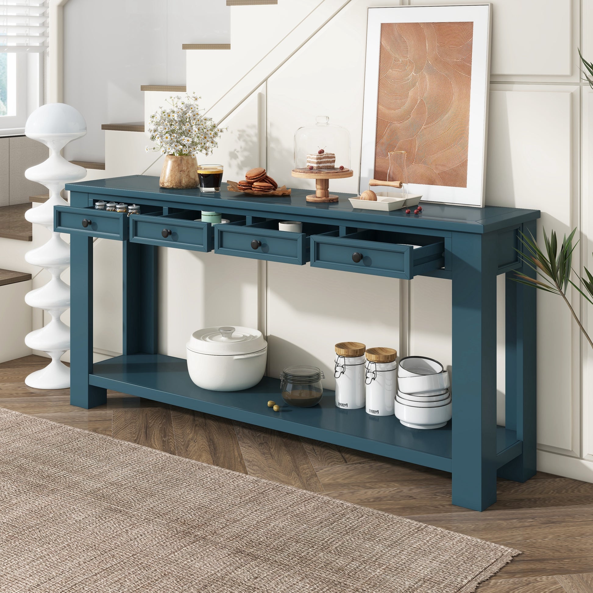 Console Table Sofa Table With Storage Drawers And Bottom Shelf For Entryway Hallway Dark Blue Dark Blue Solid Wood