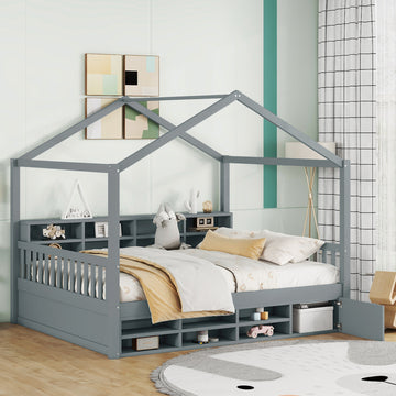 Full Size Wooden House Bed With Shelves And A Mini Cabinet, Gray Box Spring Not Required Gray Wood Bedroom Pine Bed Frame Wood