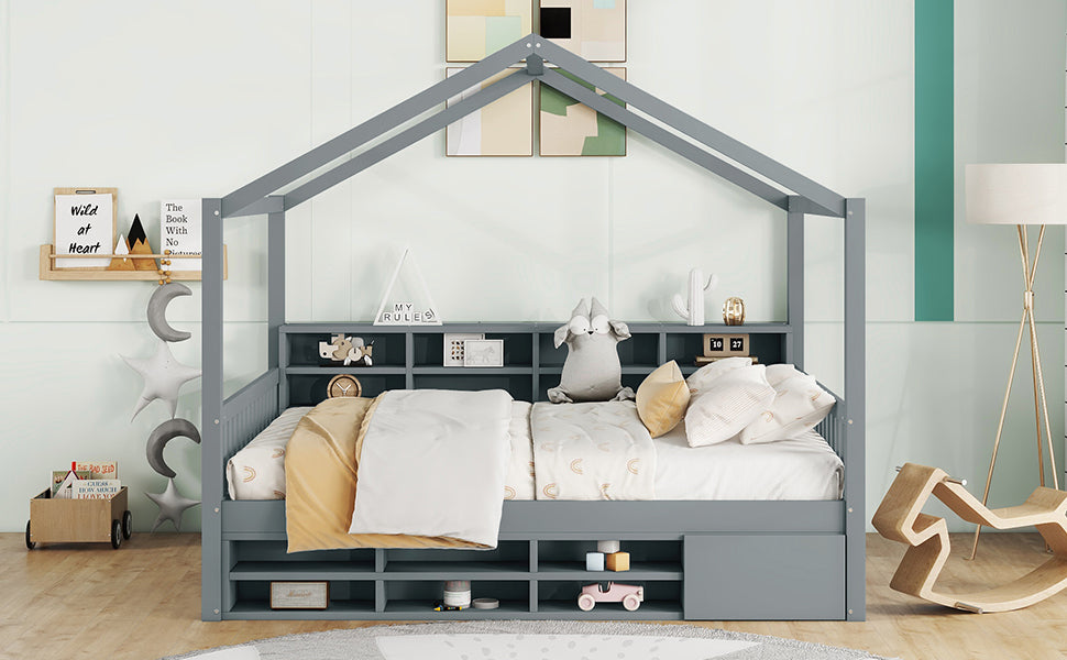 Full Size Wooden House Bed With Shelves And A Mini Cabinet, Gray Box Spring Not Required Gray Wood Bedroom Pine Bed Frame Wood