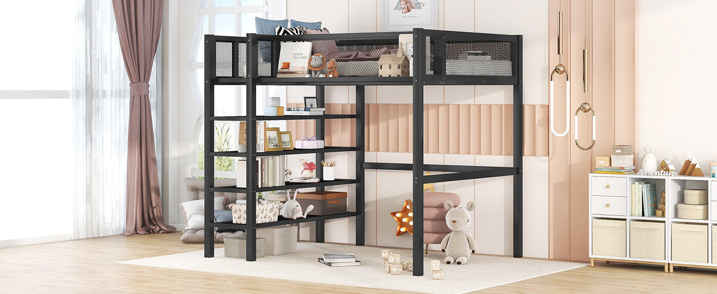 Twin Size Metal Loft Bed With 4 Tier Shelves And Storage, Black Black Metal