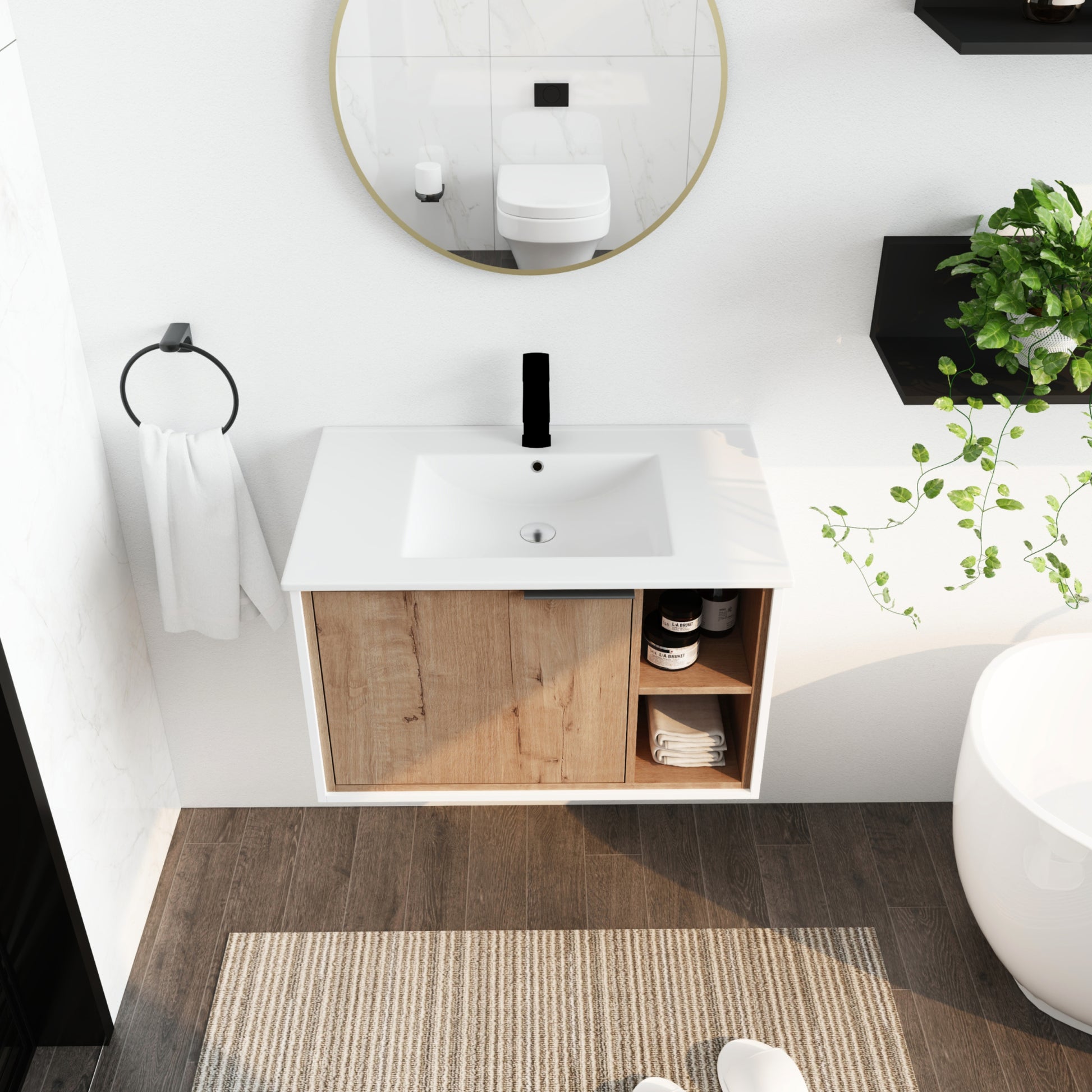 30'' Floating Wall Mounted Bathroom Vanity with imitative oak-1-2-soft close doors-bathroom-wall