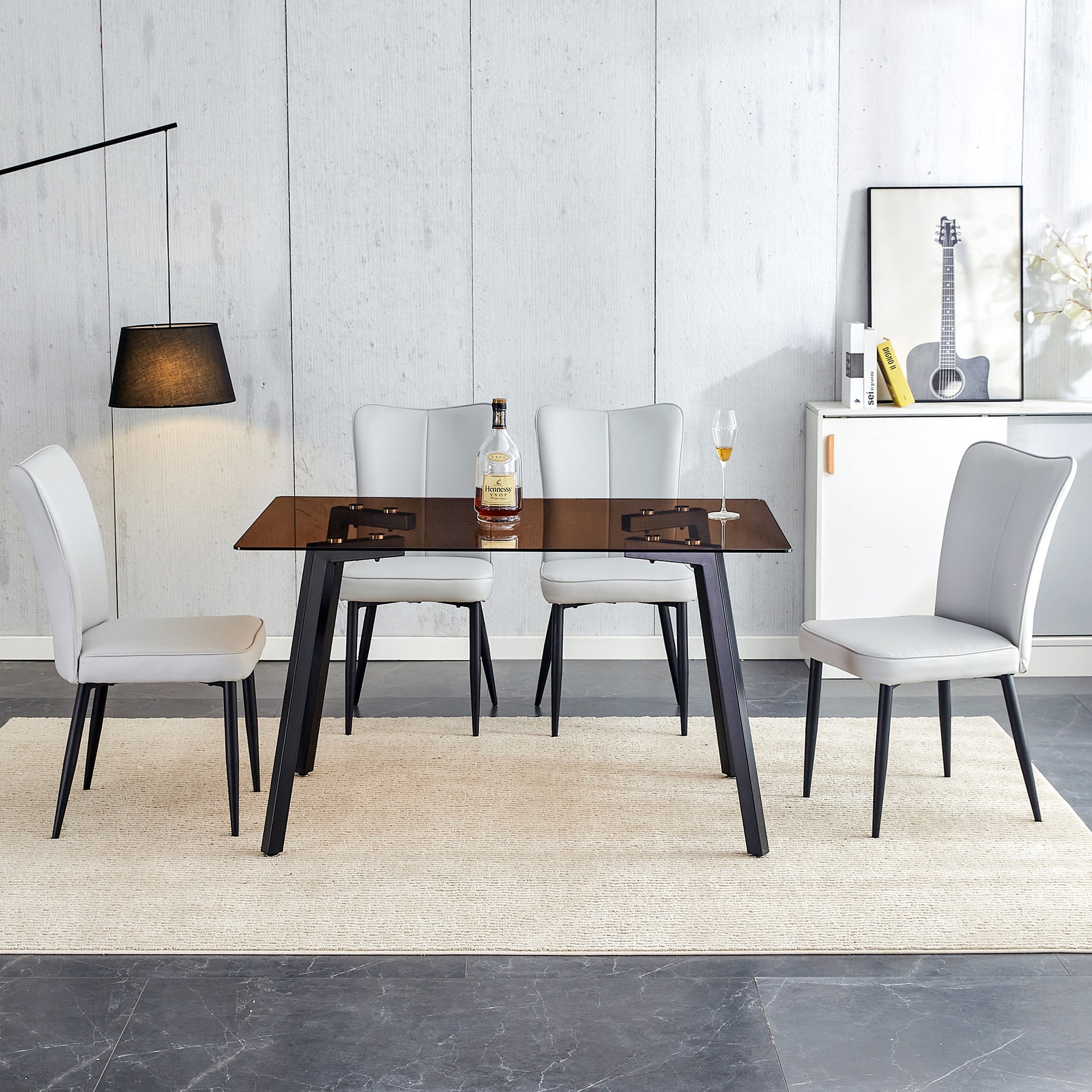 One Table And 4 Light Gray Pu Chairs. Rectangular Tea Brown Glass Dining Table, Tempered Glass Tabletop And Black Metal Legs, Suitable For Kitchen, Dining Room, And Living Room, 51 "* 31.5" * 29.5" Dark Brown Glass