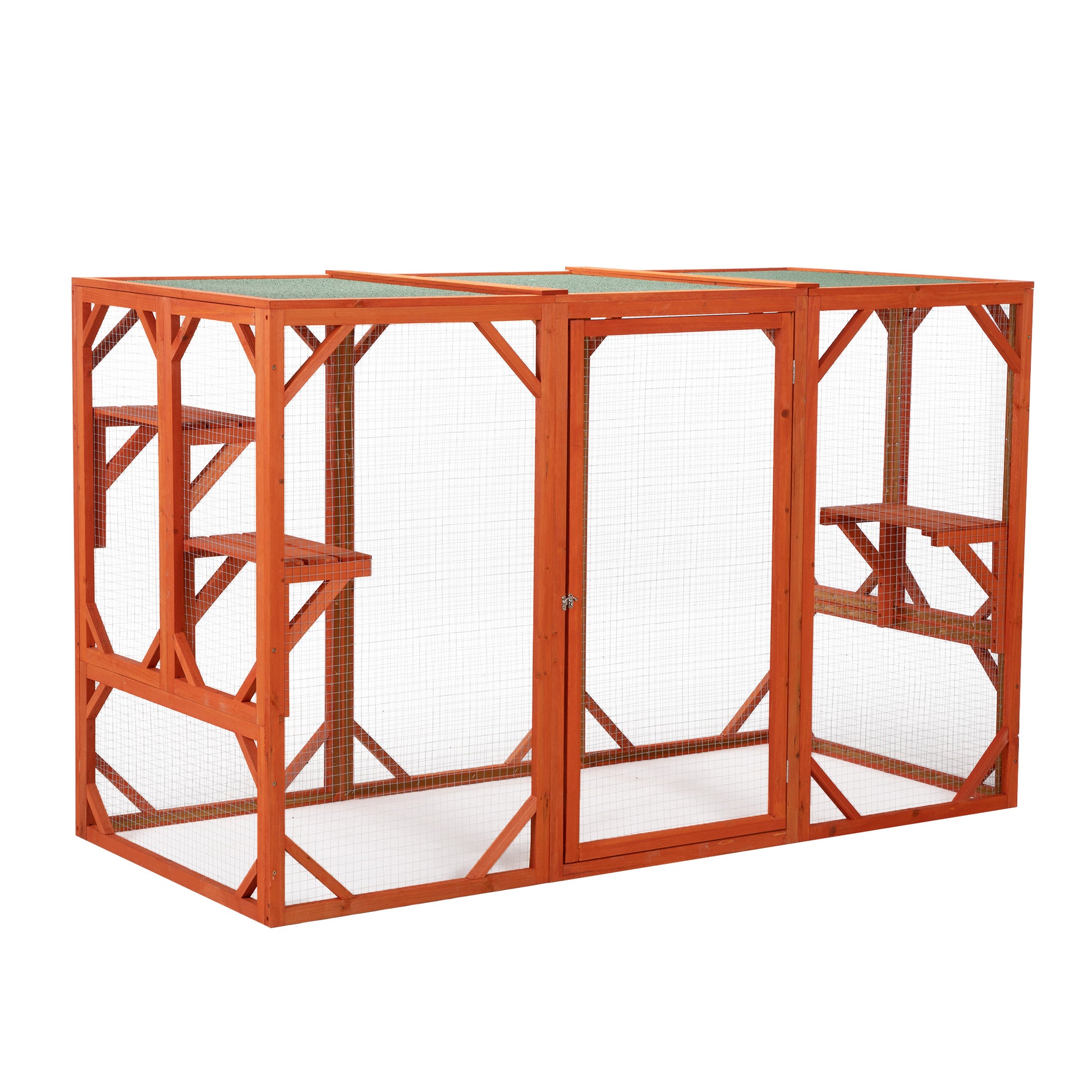 Wooden Cat House, Outdoor Cat Cage With Water Proof Asphalt Planks And Cat Perches, Orange Orange Wood Metal