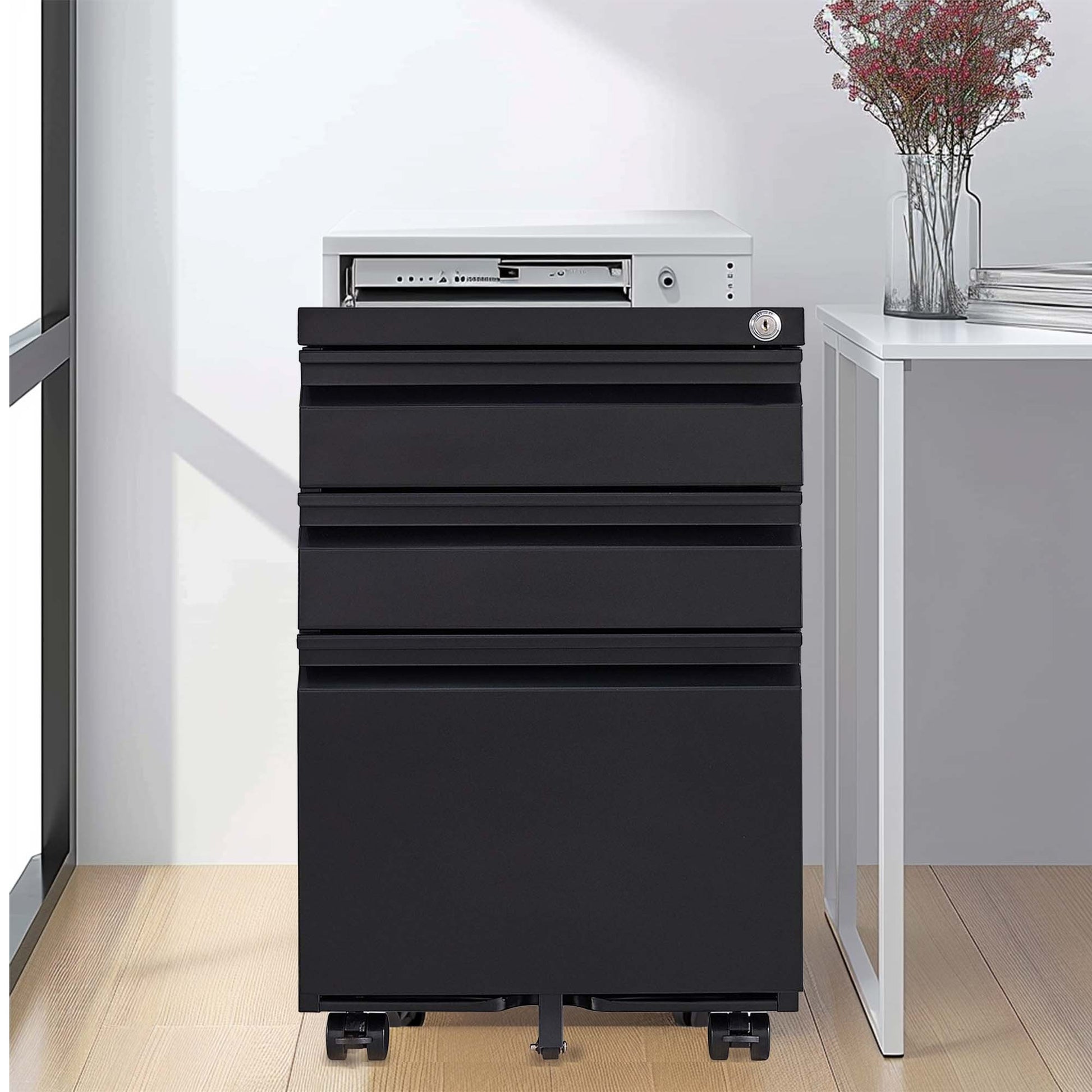 3 Drawer Mobile File Cabinet With Lock,Metal Filing Cabinets For Home Office Organizer Letters Legal A4,Fully Assembled,Black Filing Cabinets 3 4 Drawers Black Office Drawers Included Modern Metal Metal