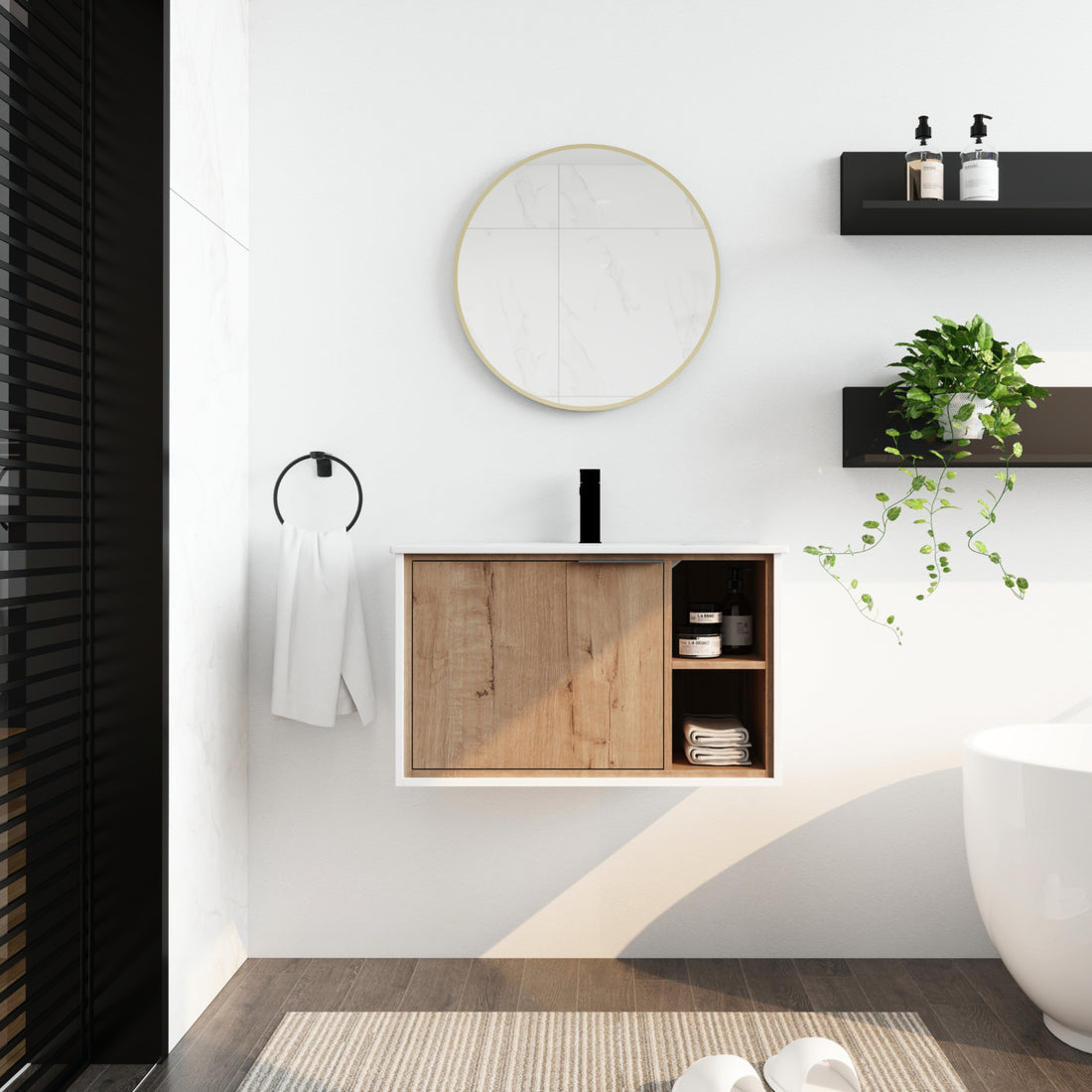 30'' Floating Wall Mounted Bathroom Vanity With Ceramics Sink & Soft Close Cabinet Door Imitative Oak 1 2 Soft Close Doors Bathroom Wall Mounted Modern Plywood