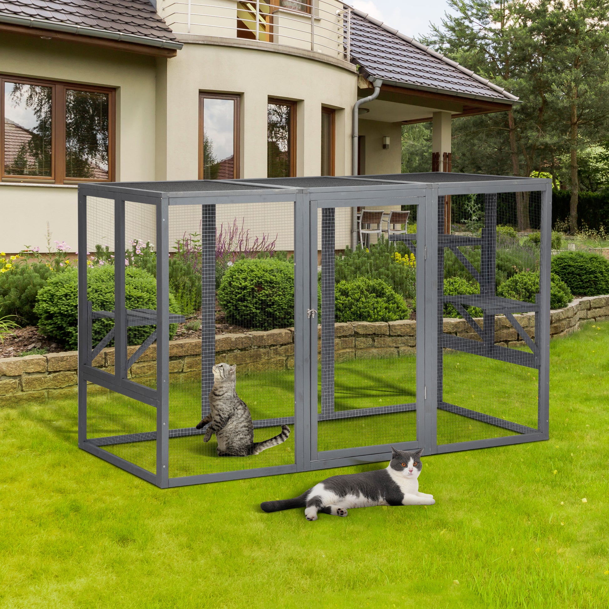 Spacious Wooden Cat Cage With Waterproof Roof With Adjustable Pedals Suitable Gray Black Black Gray Wood