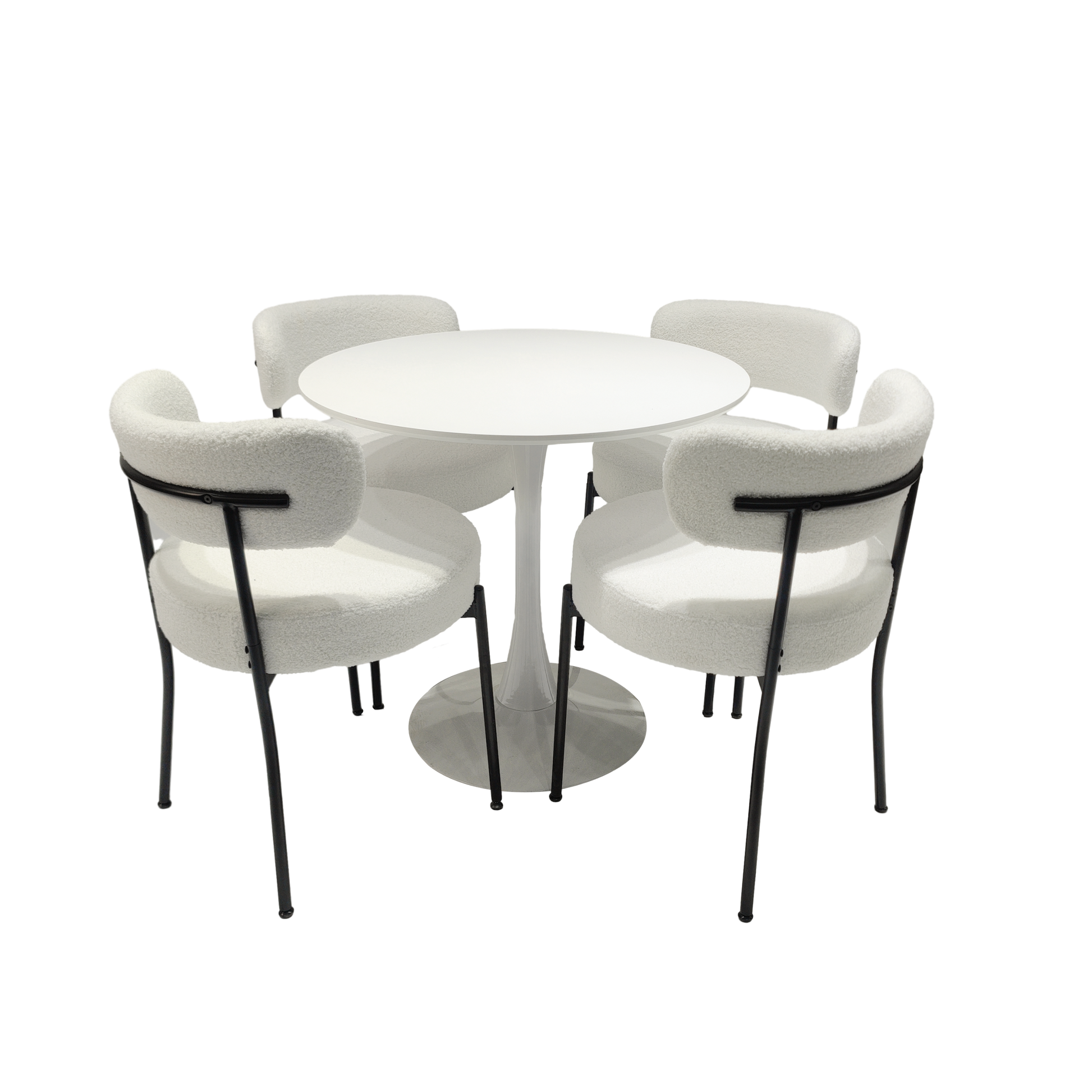 White Dining Chairs Set Of 2, Mid Century Modern Dining Chairs, Kitchen Dining Room Chairs, Curved Backrest Round Upholstered Boucle Dining Chair With Black Metal Legs Metal White Black Kitchen Dining Chairs Foam Velvet