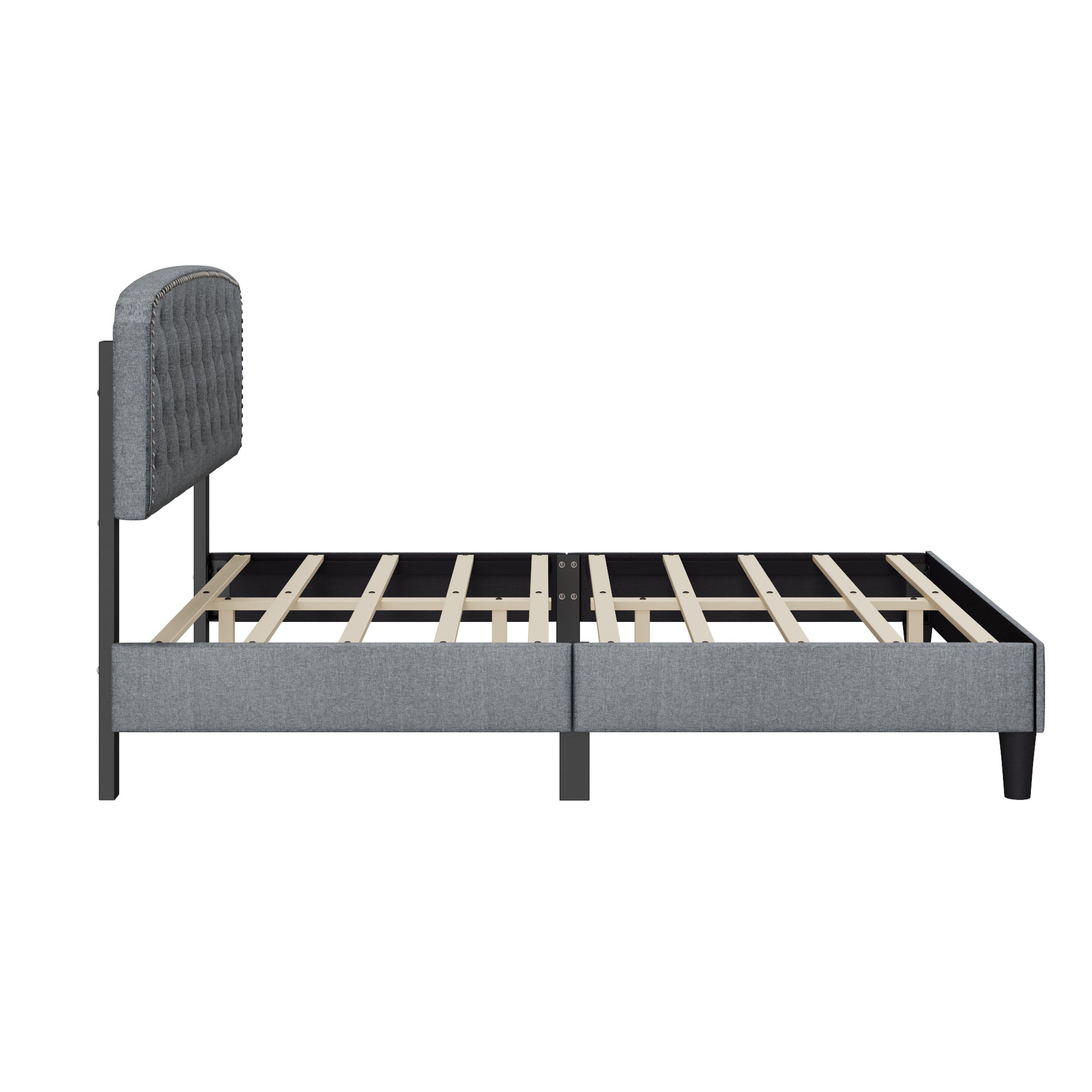 Queen Size Adjustable Headboard With Fine Linen Upholstery And Button Tufting For Bedroom, Wave Top Light Grey Light Grey Wood