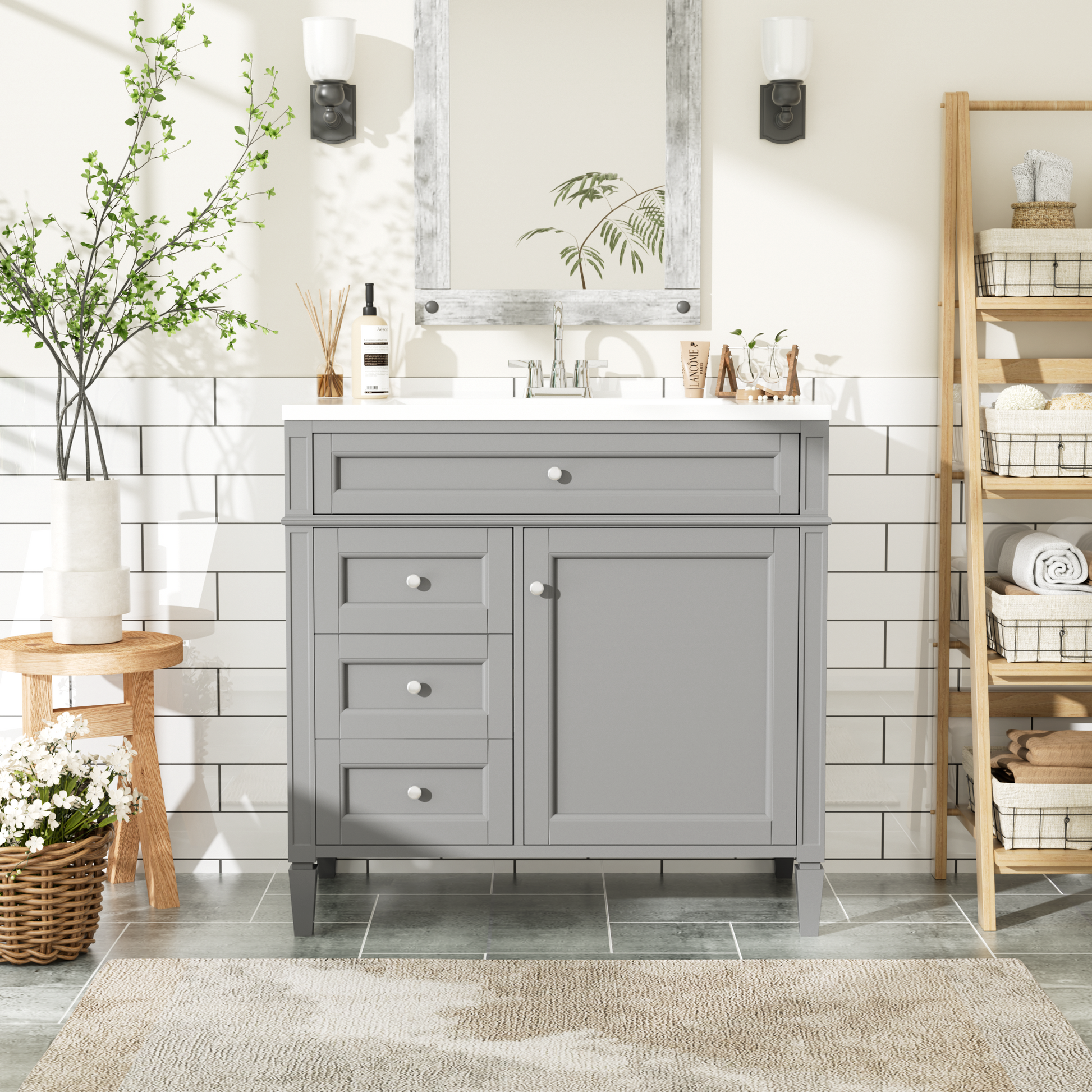 36'' Bathroom Vanity With Top Sink, Modern Bathroom Storage Cabinet With 2 Drawers And A Tip Out Drawer, Single Sink Bathroom Vanity 3 Grey 1 1 Adjustable Hinges Bathroom Freestanding Solid Wood Mdf Painted