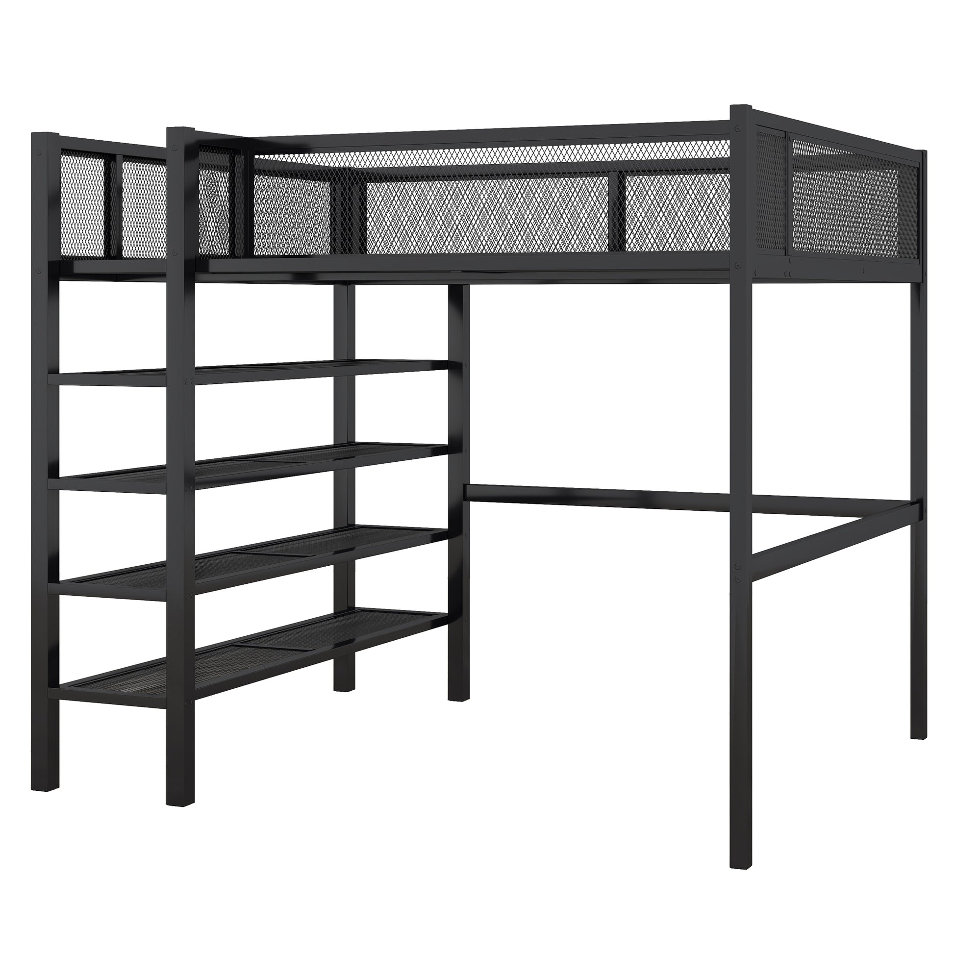 Full Size Metal Loft Bed With 4 Tier Shelves And Storage, Black Full Black Metal