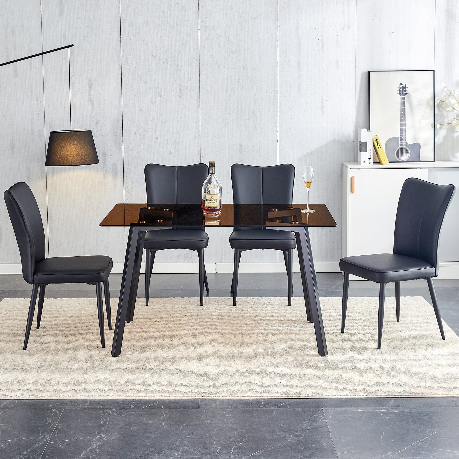 One Table And 4 Black Pu Chairs. Rectangular Tea Brown Glass Dining Table, Tempered Glass Tabletop And Black Metal Legs, Suitable For Kitchen, Dining Room, And Living Room, 51 "* 31.5" * 29.5" Dark Brown Glass