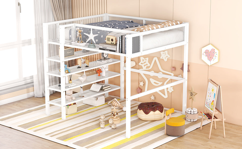 Full Size Metal Loft Bed With 4 Tier Shelves And Storage, White Full White Metal