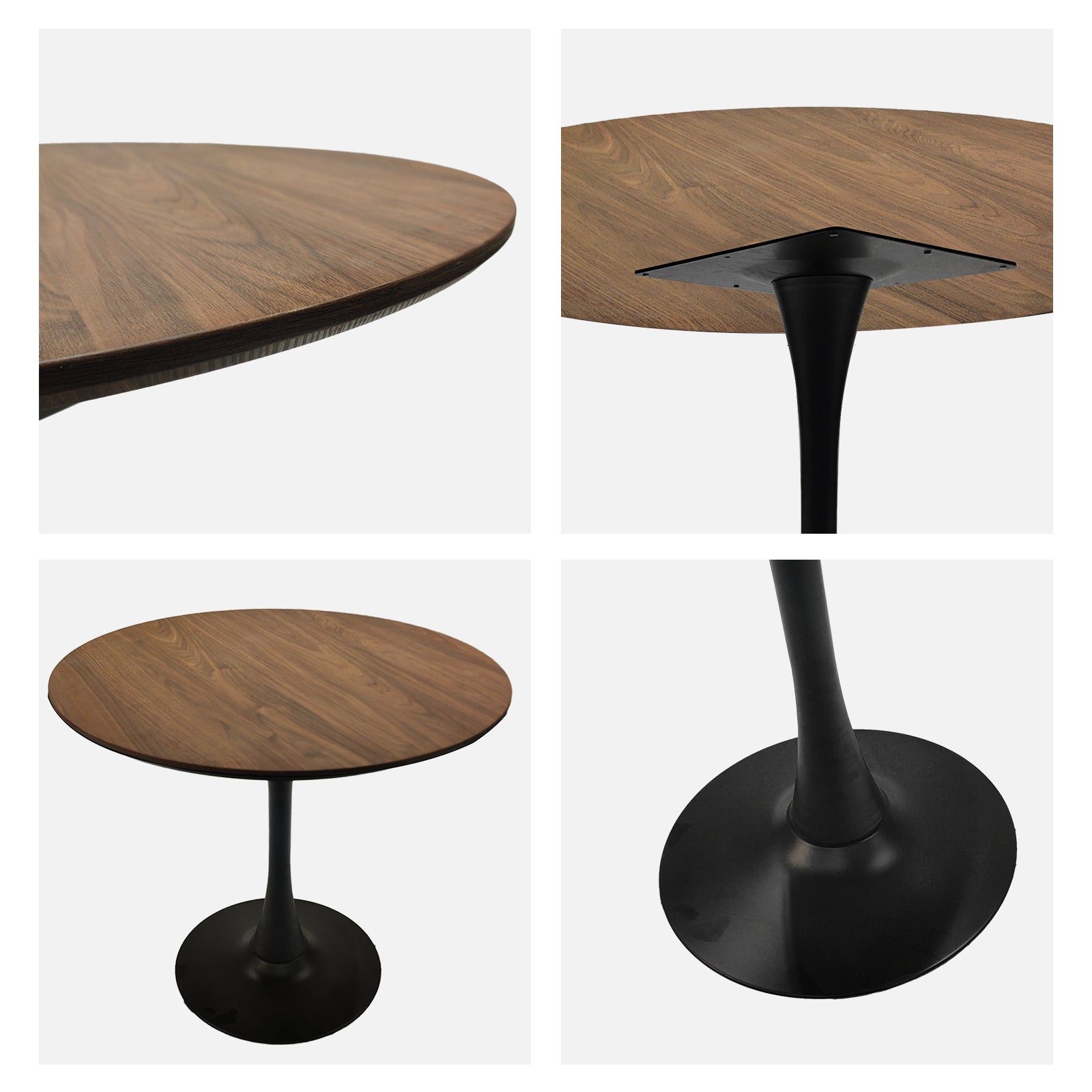 Walnut Color Round Dining Table, 31.5" Tulip Table Kitchen Dining Table 2 4 People With Mdf Table Top And Black Metal Pedestal Base And Brown Dining Chair 4 Piece Set For Black Metal Legs Walnut