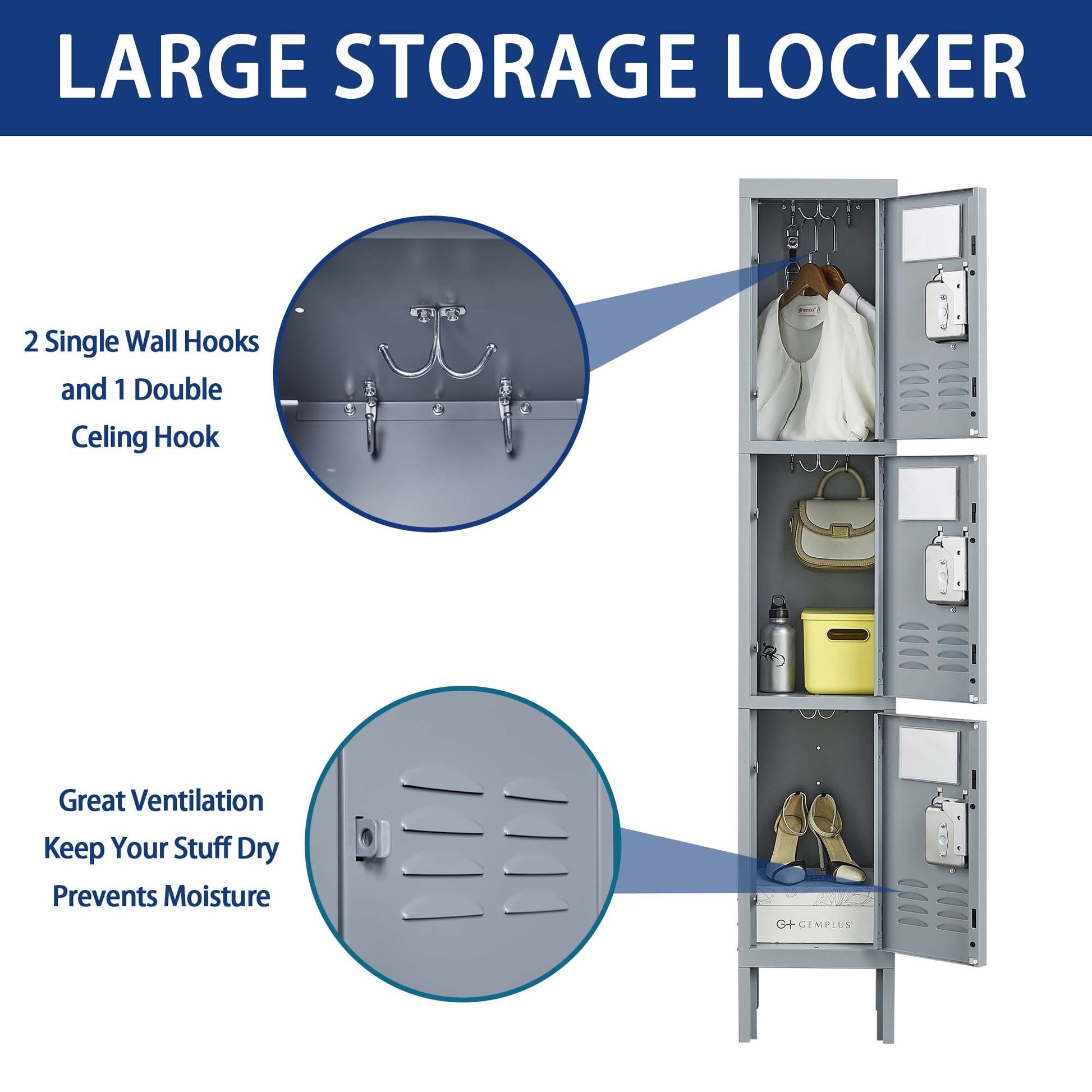 3 Door 66"H Metal Lockers With Lock for freestanding-3-4 spaces-gray-gym-door