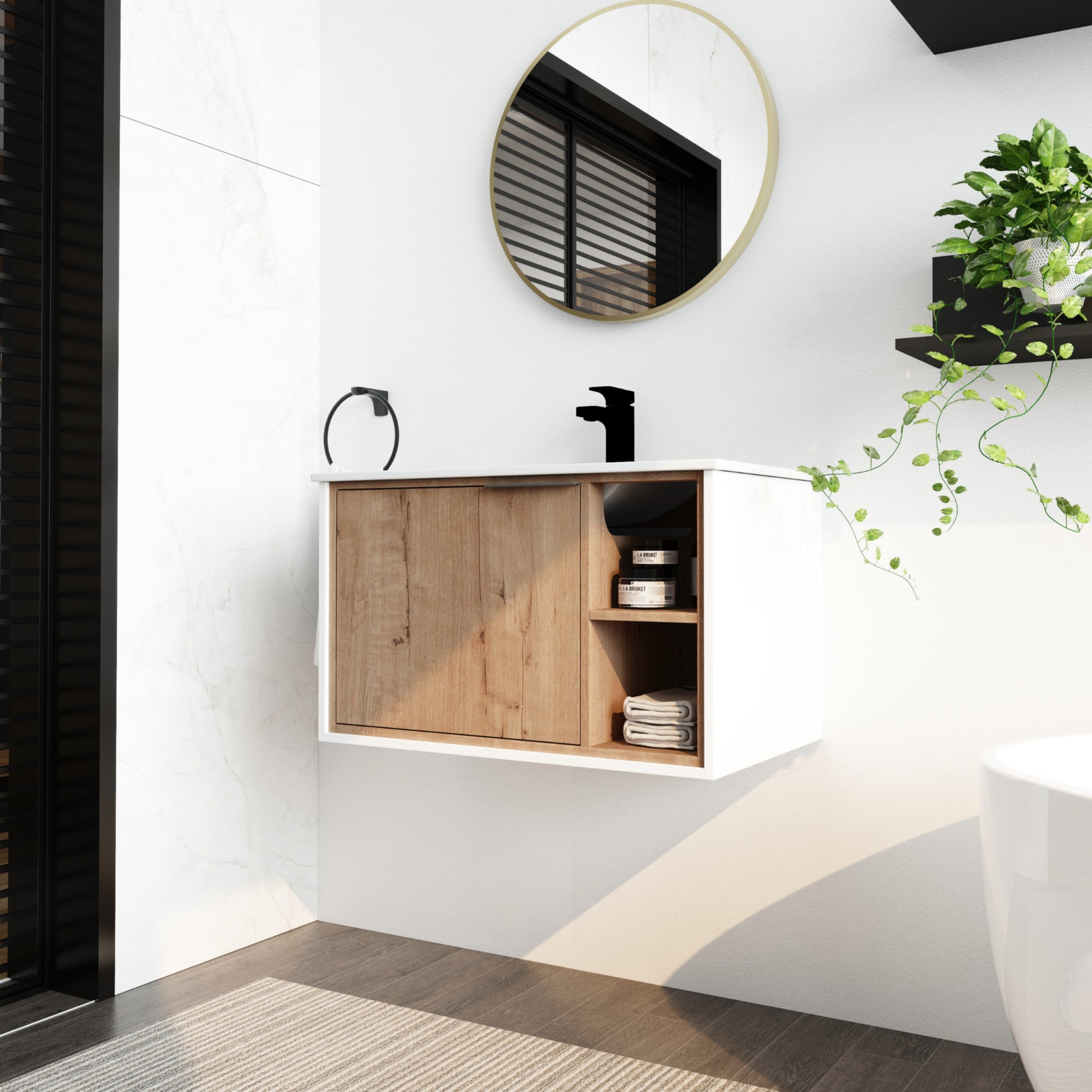 30'' Floating Wall Mounted Bathroom Vanity with imitative oak-1-2-soft close doors-bathroom-wall