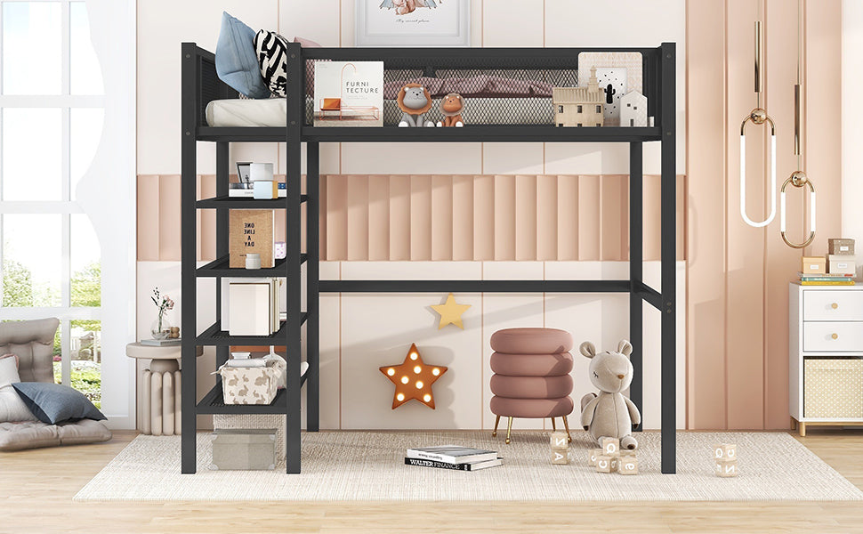 Twin Size Metal Loft Bed With 4 Tier Shelves And Storage, Black Black Metal