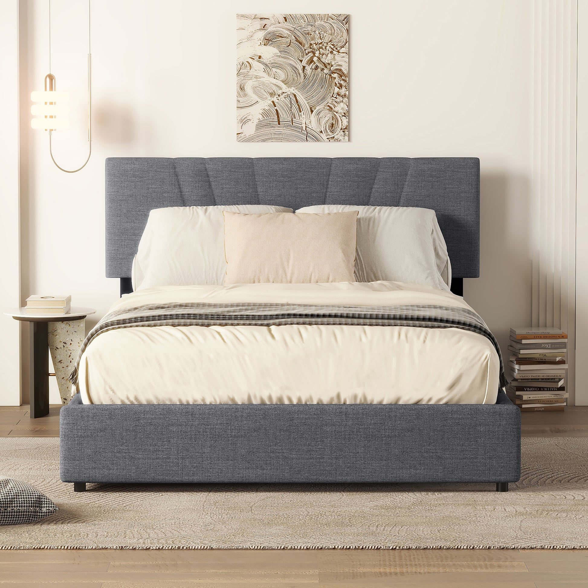 Full Upholstered Platform Bed With Lifting Storage, Full Size Bed Frame With Storage And Tufted Headboard,Wooden Platform Bed For Kids Teens Adults,No Box Spring Needed Full, Grey Box Spring Not Required Full Grey Wood Bedroom American Design Bed Frame