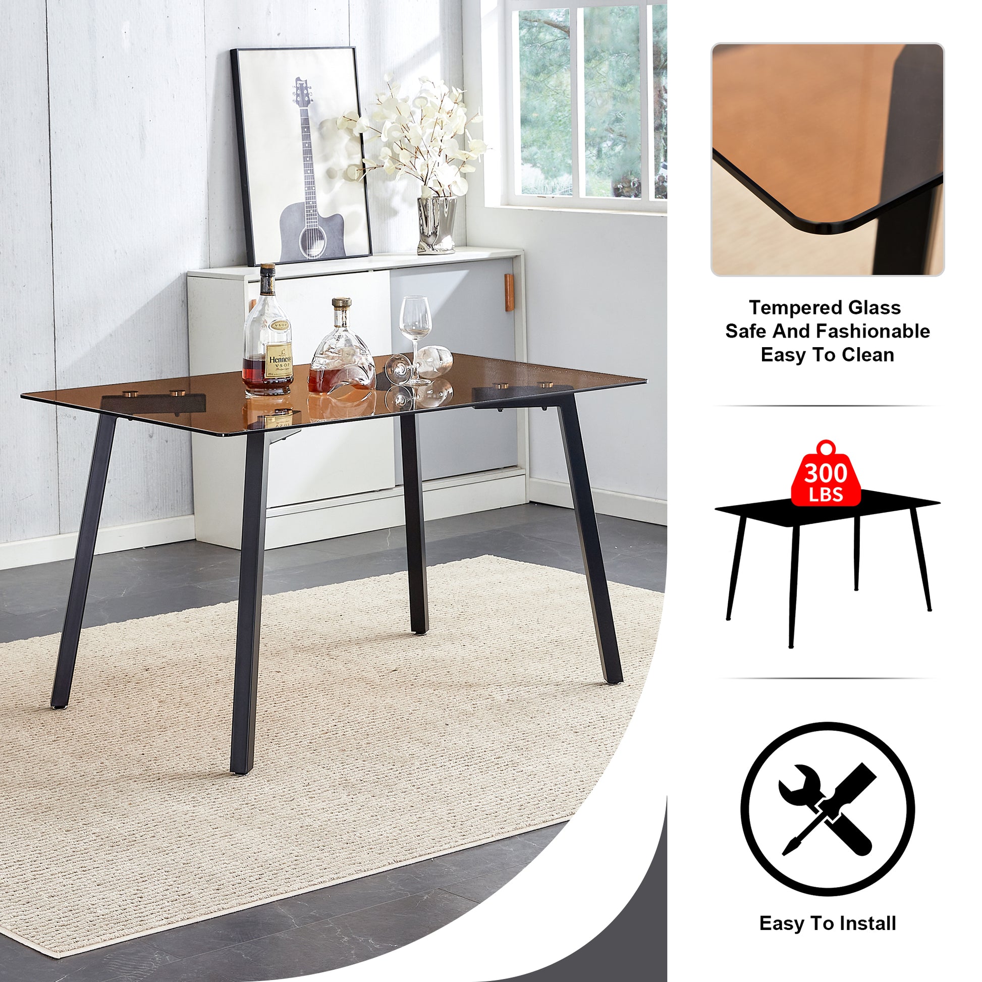 One Table And 4 Black Pu Chairs. Rectangular Tea Brown Glass Dining Table, Tempered Glass Tabletop And Black Metal Legs, Suitable For Kitchen, Dining Room, And Living Room, 51 "* 31.5" * 29.5" Dark Brown Glass