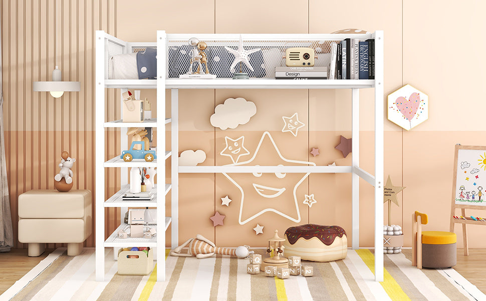 Full Size Metal Loft Bed With 4 Tier Shelves And Storage, White Full White Metal