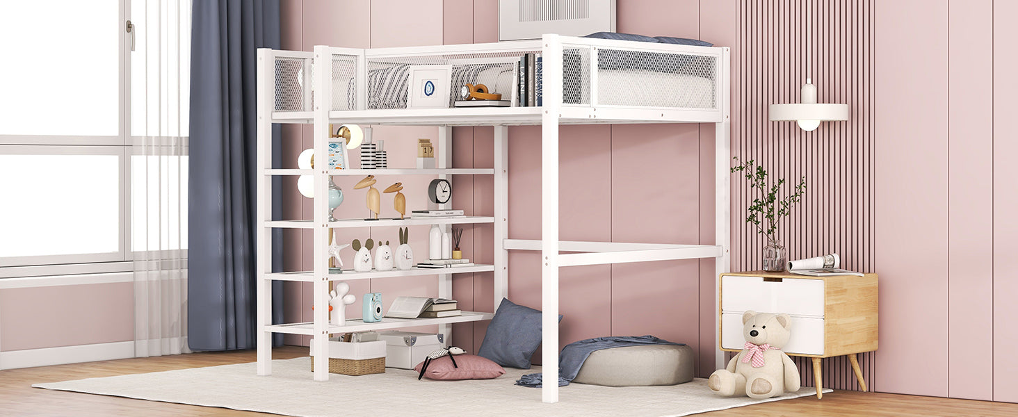 Twin Size Metal Loft Bed With 4 Tier Shelves And Storage, White White Metal